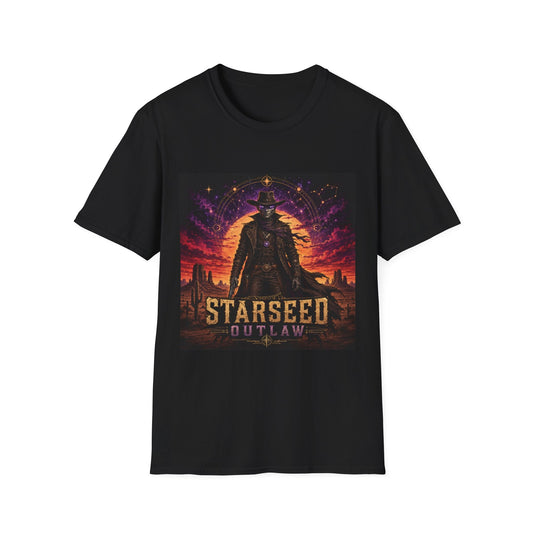 Starseed Outlaw T-Shirt in black with bold alien-inspired cosmic rebel graphic design.