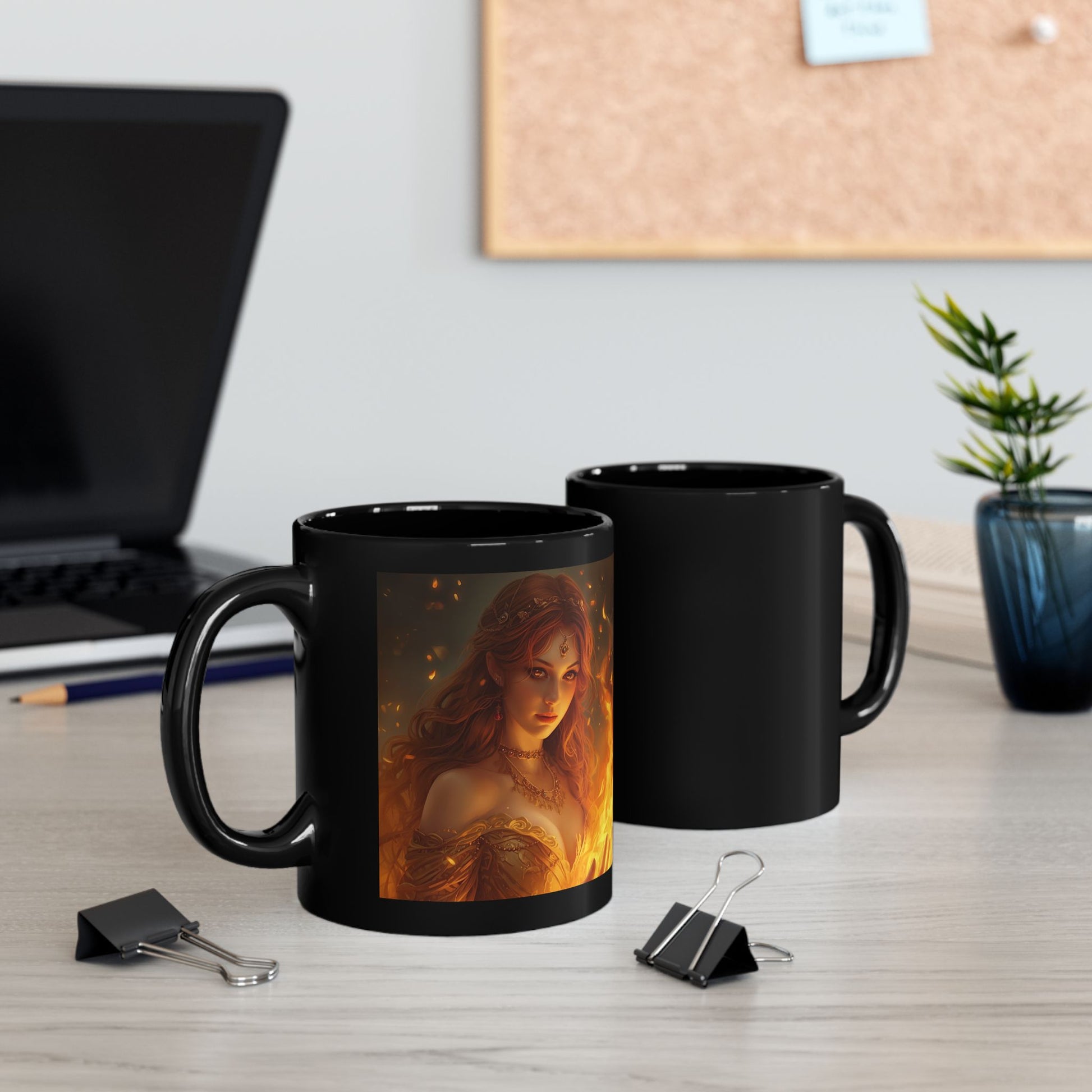 Hestia – Keeper of the Hearth Coffee Mug - two mugs with front and back view - black mug with Hestia image