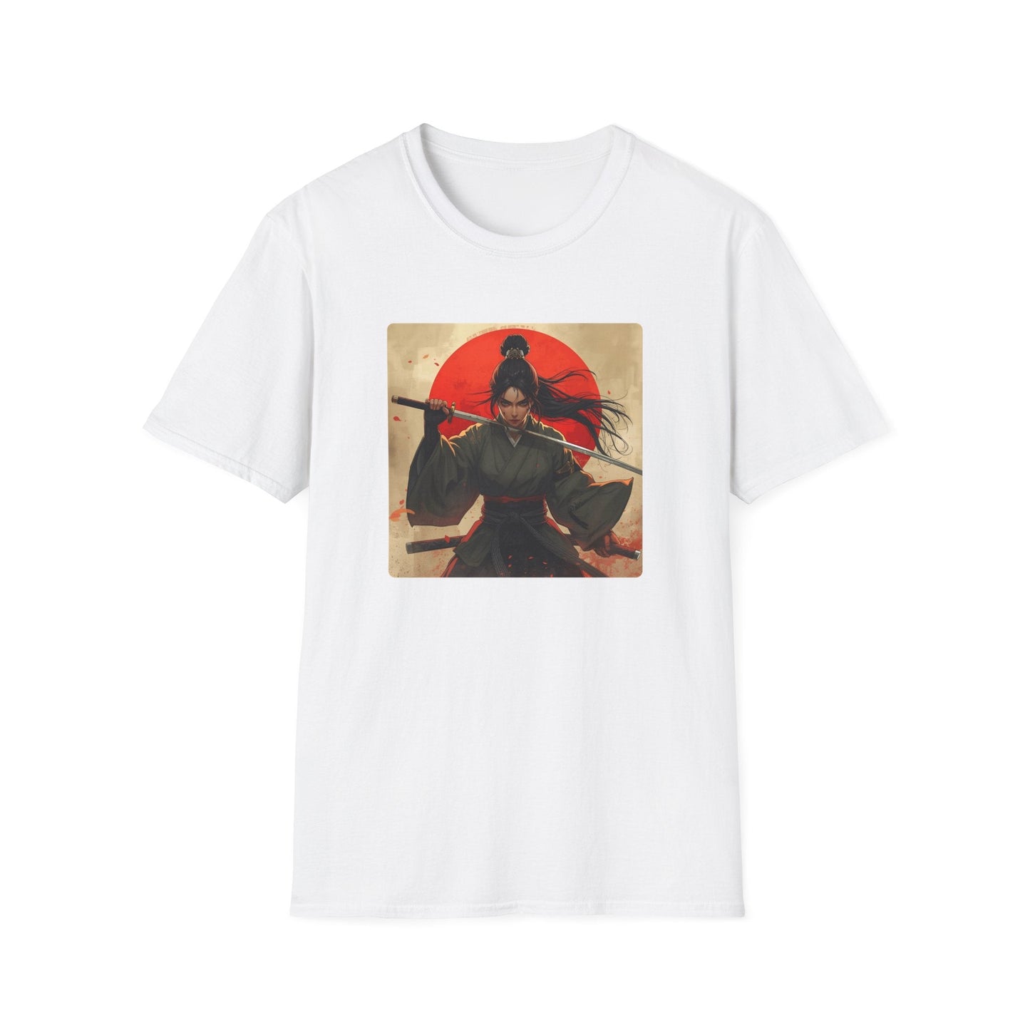 Red Sun Resolve Samurai Warrior T-Shirt in white artwork featuring a fierce Japanese-inspired warrior holding a katana in front of a dramatic red sun.