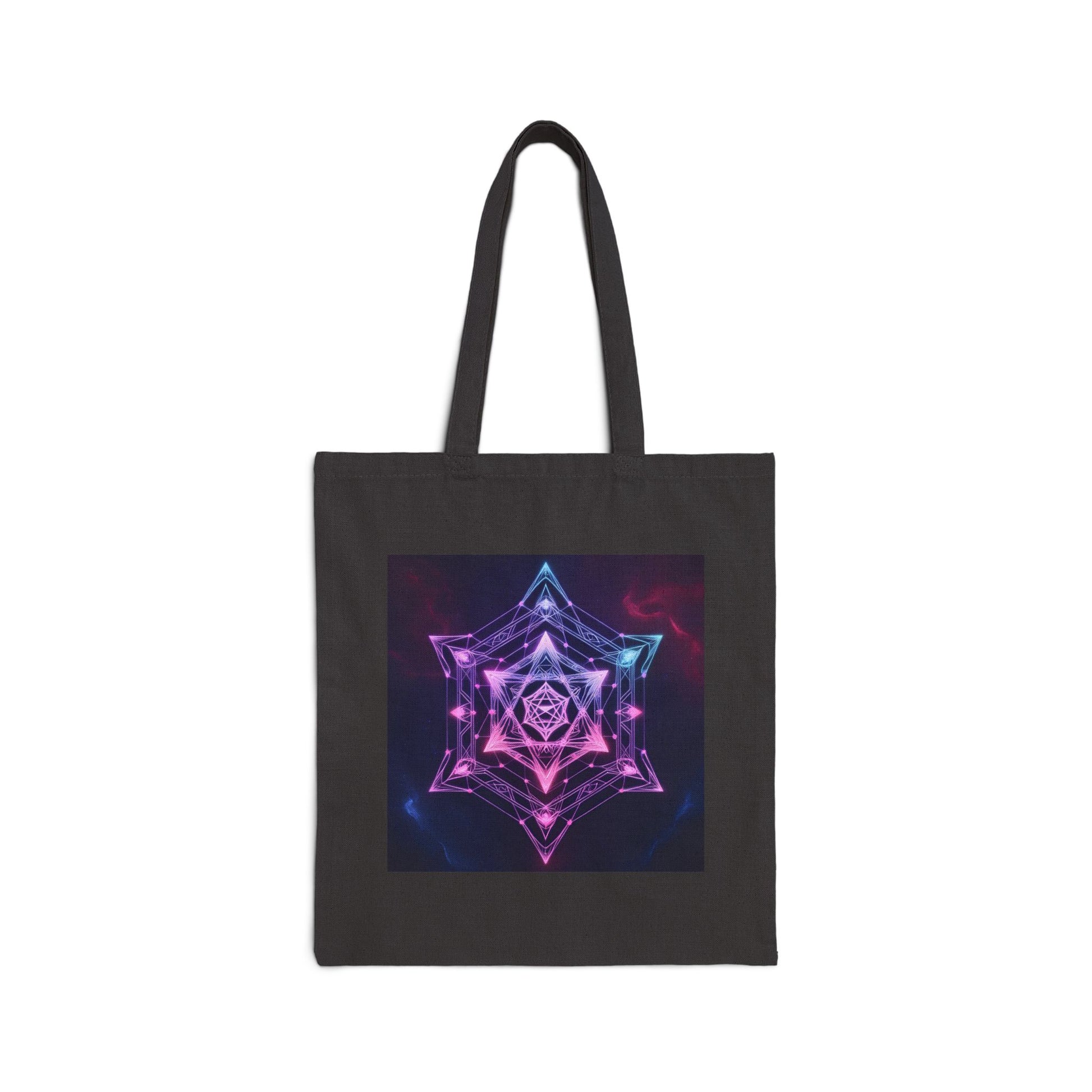 Neon Mandala Art Cotton Canvas Tote Bag in Black