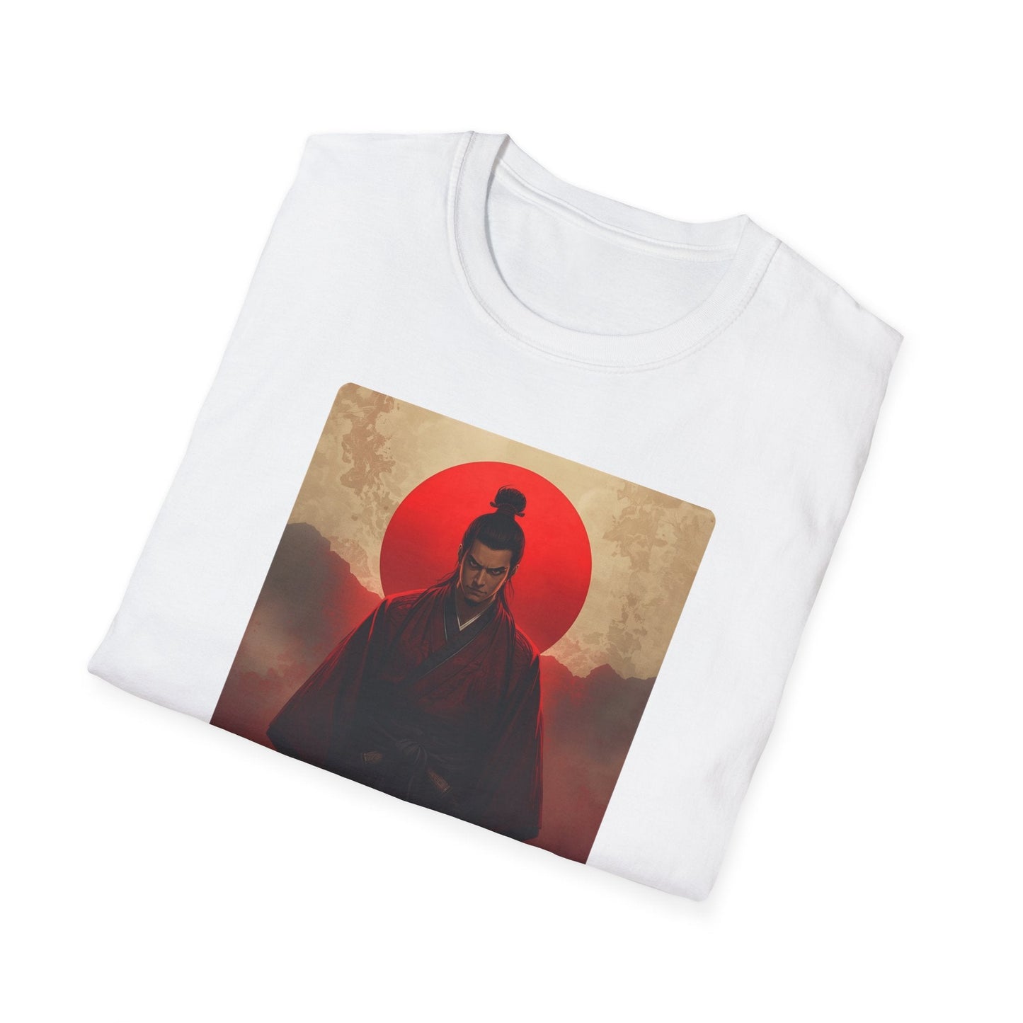 Folded Samurai Sunset Warrior at the Edge of Day T-Shirt in white showing a moody samurai design with a red sun, misty mountains and vintage warrior artwork.