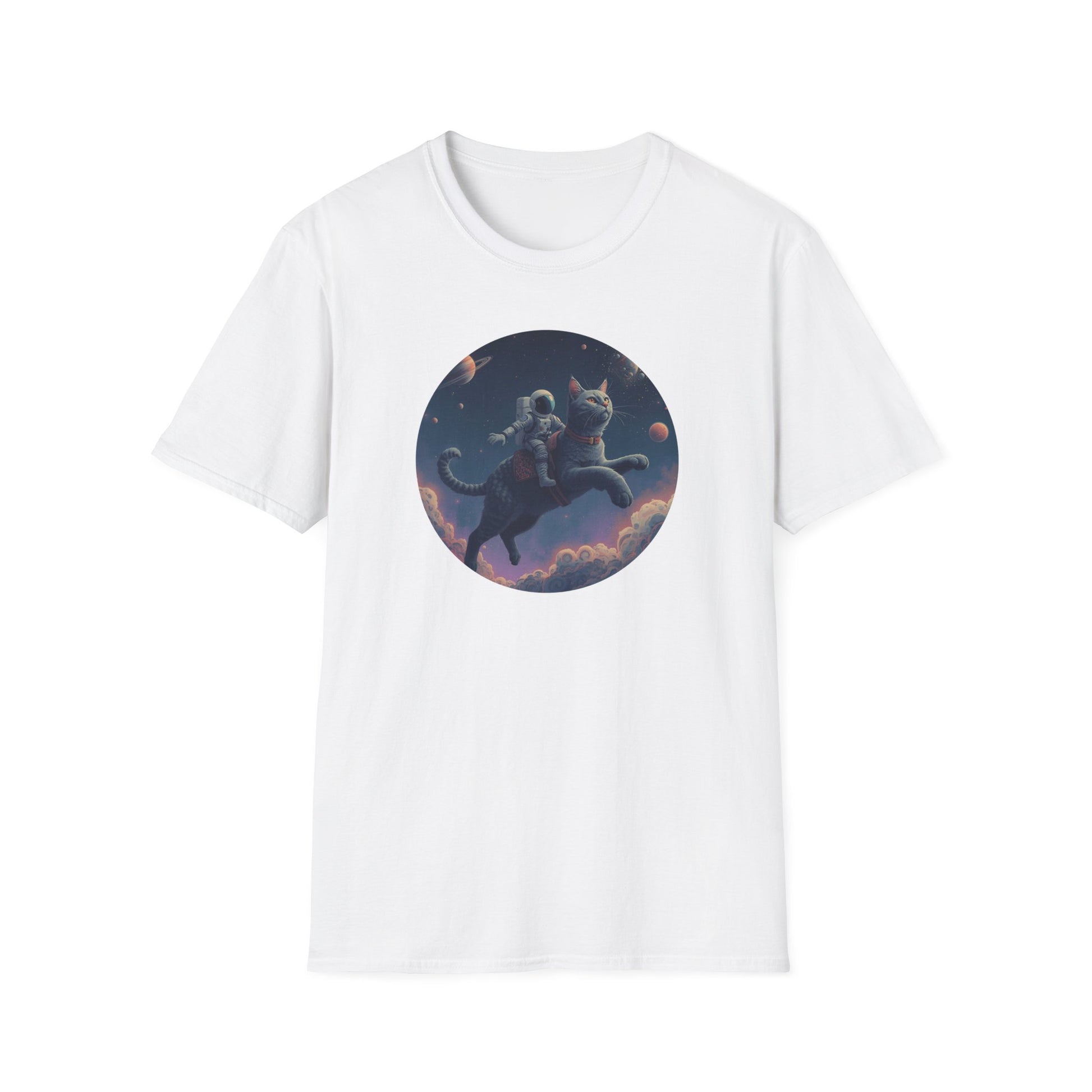 Cosmic Cat Adventure T-Shirt with cosmic cat artwork in White
