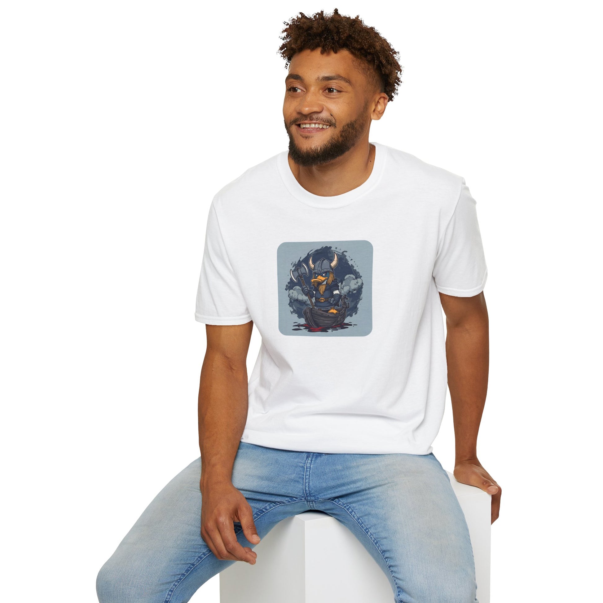 Goth Viking Duck T-Shirt with dark cartoon chaos artwork in White