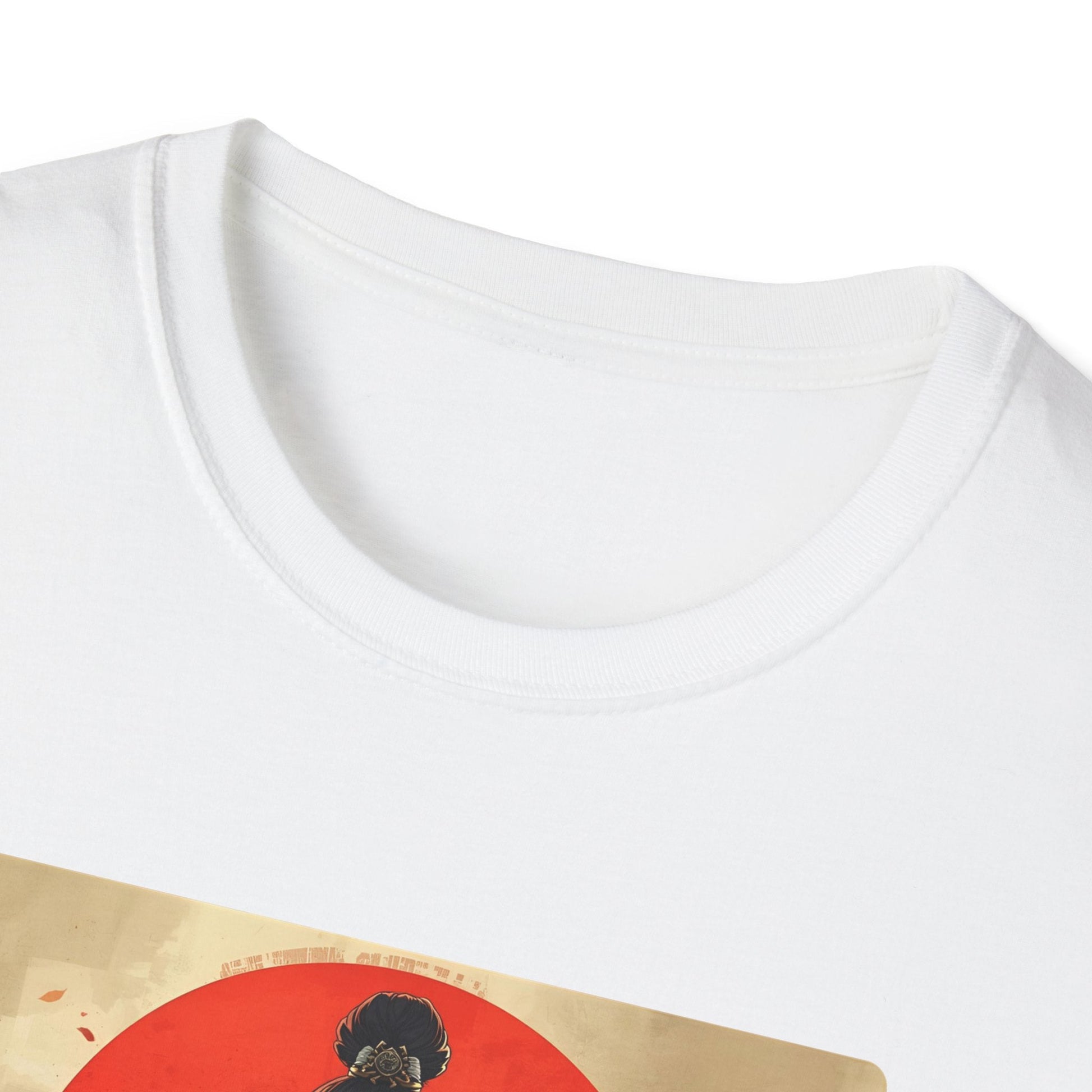 Close-up neckline view of the Red Sun Resolve Samurai Warrior T-Shirt in white with bold samurai warrior artwork visible on the front.