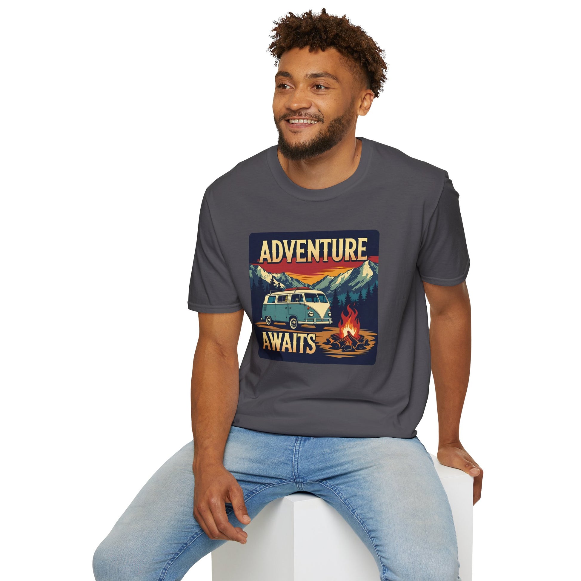 Adventure Awaits - Retro Camper Van Adventure T-Shirt in Charcoal