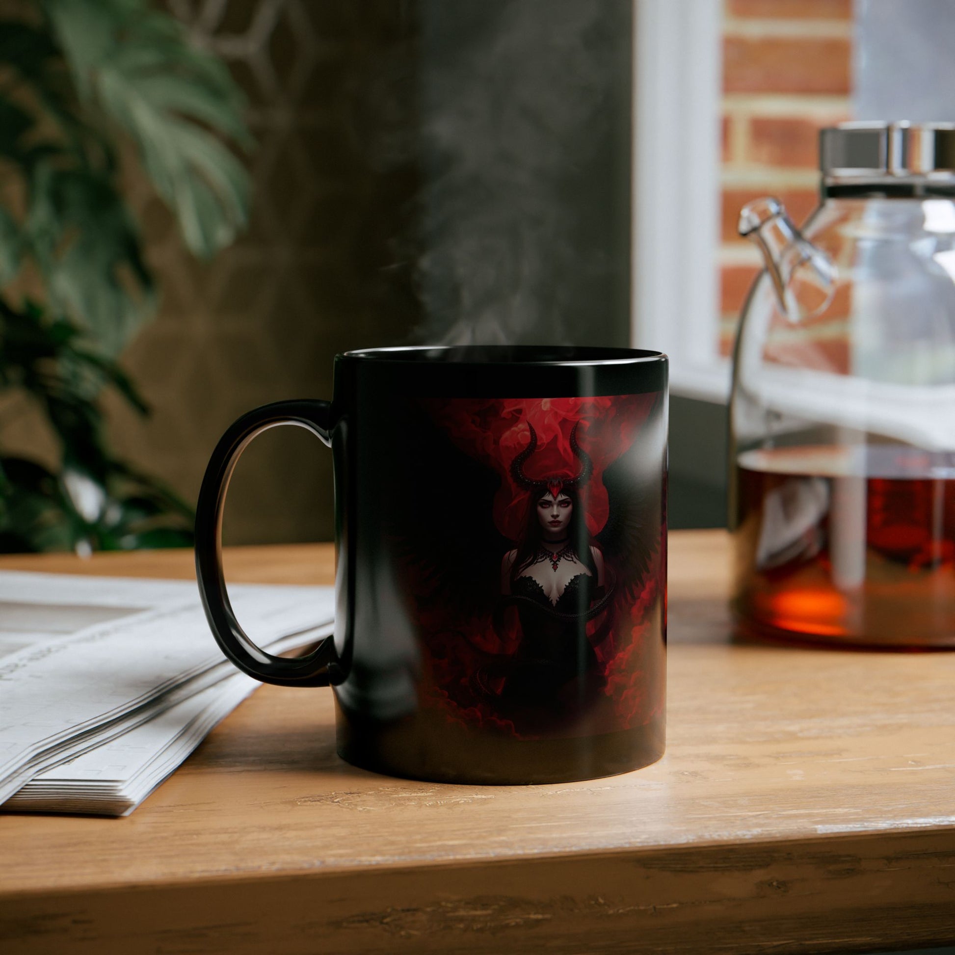 Lilith - First Light of Rebellion Mug -  Black mug with image of Lilith on wooden table