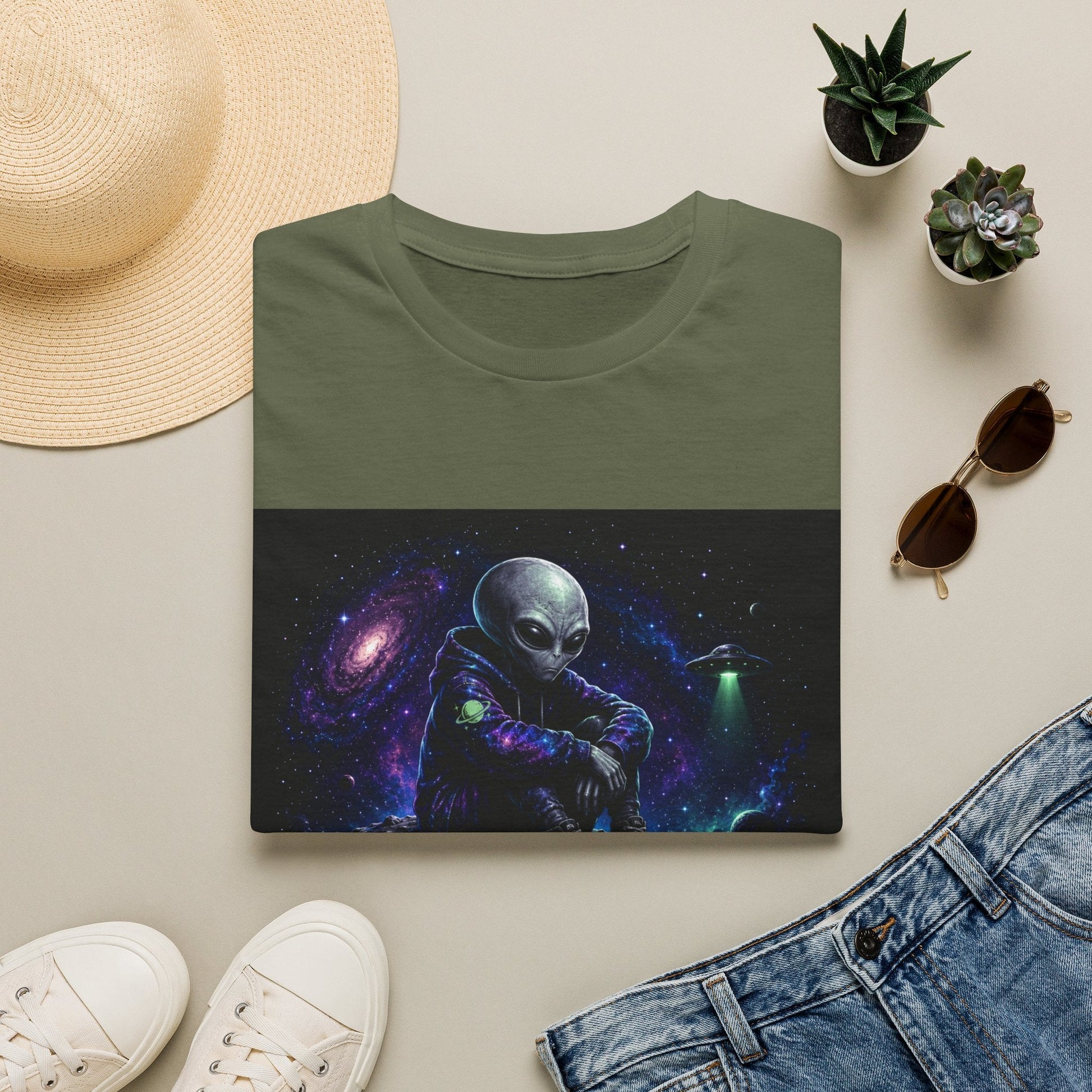 Folded Intergalactic Introvert alien T-Shirt in military green with sci-fi artwork