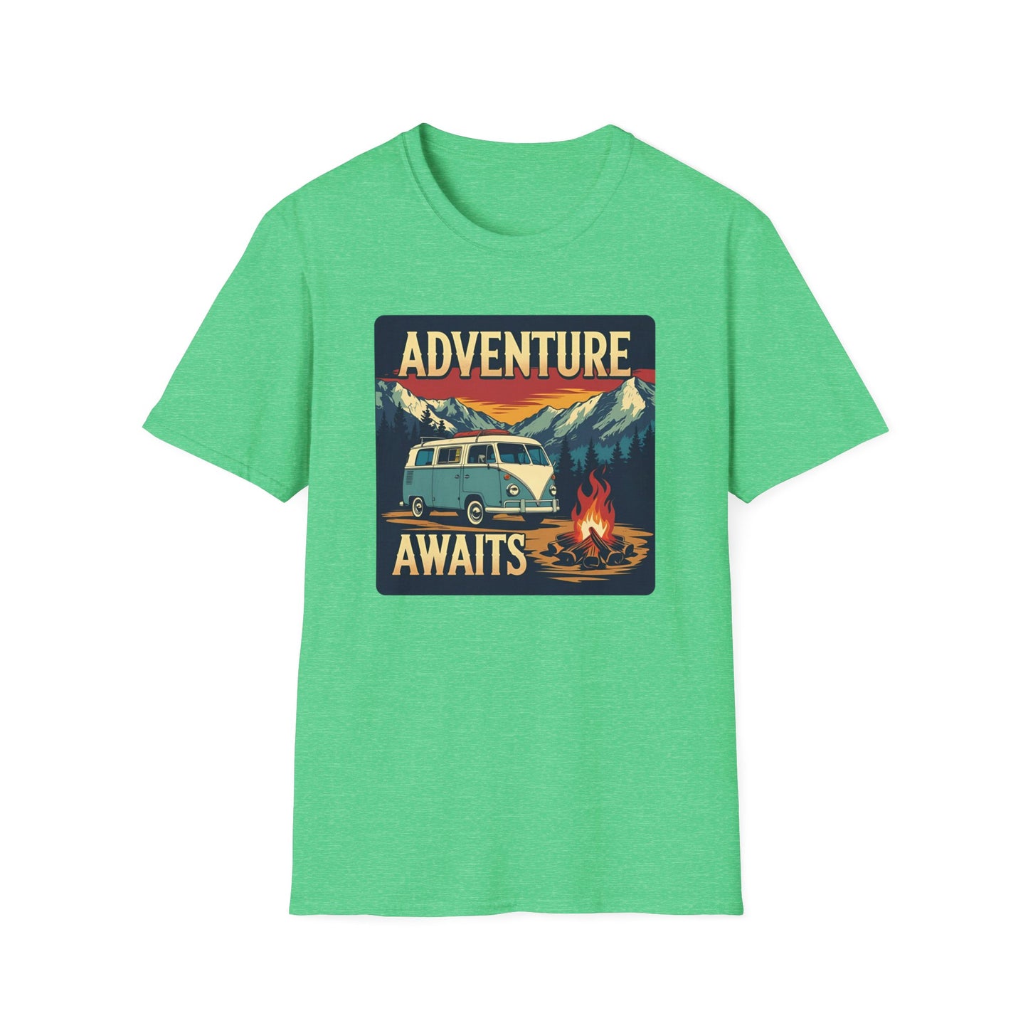 Adventure Awaits - Retro Camper Van Adventure T-Shirt in Heather Irish Green