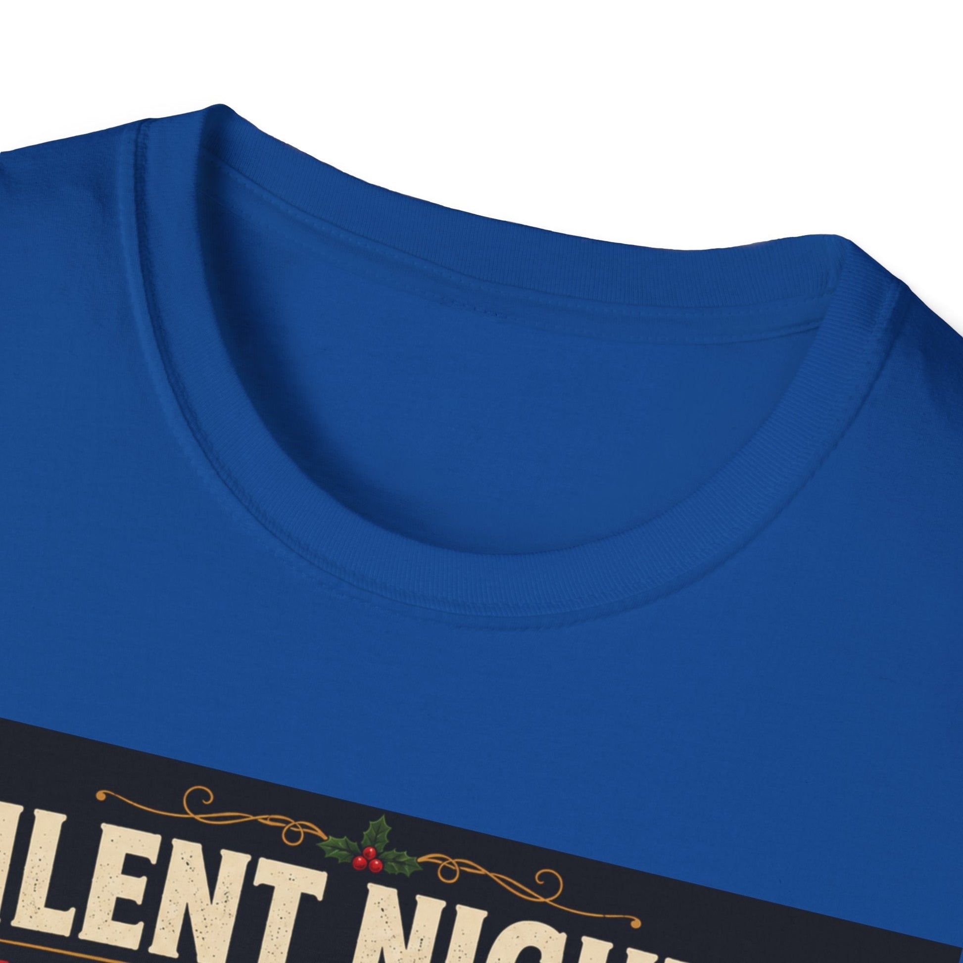 Close-up neckline image of the Silent Night? Unlikely. Cat Christmas T-Shirt in royal
