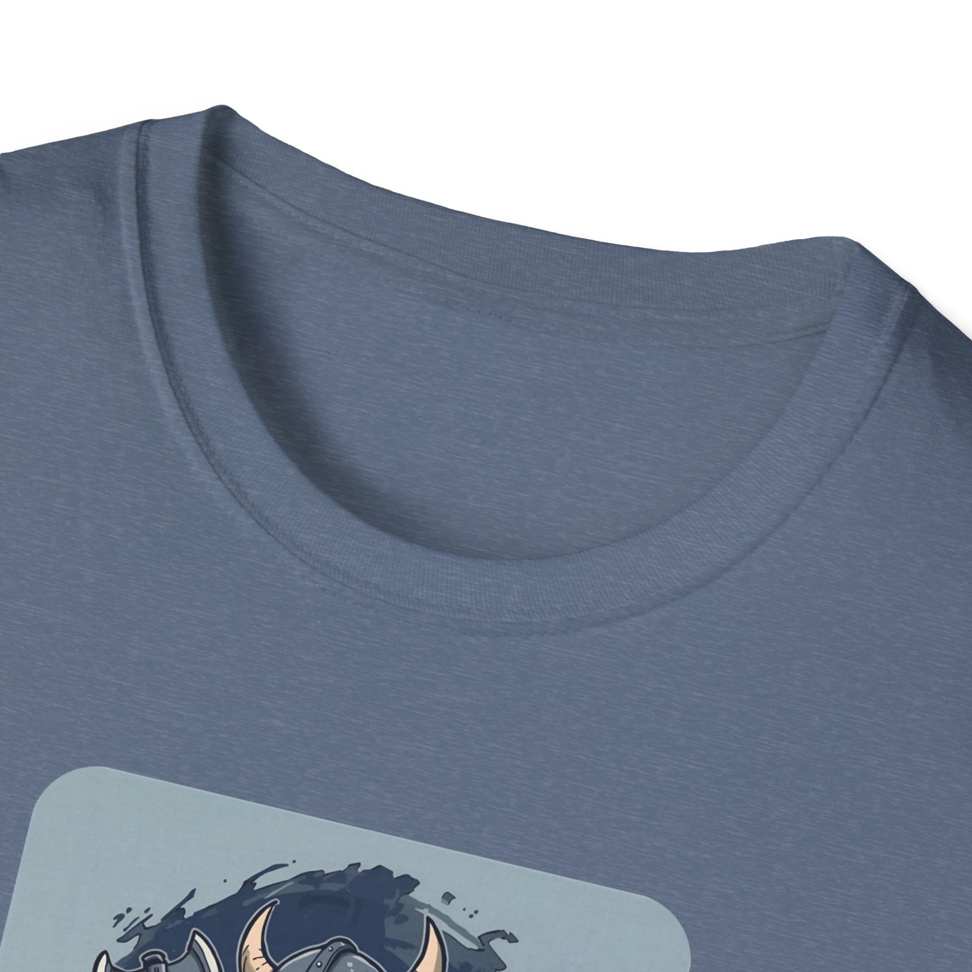 Goth Viking Duck – Dark Cartoon Chaos T-Shirt in Heather Indigo - Neckline