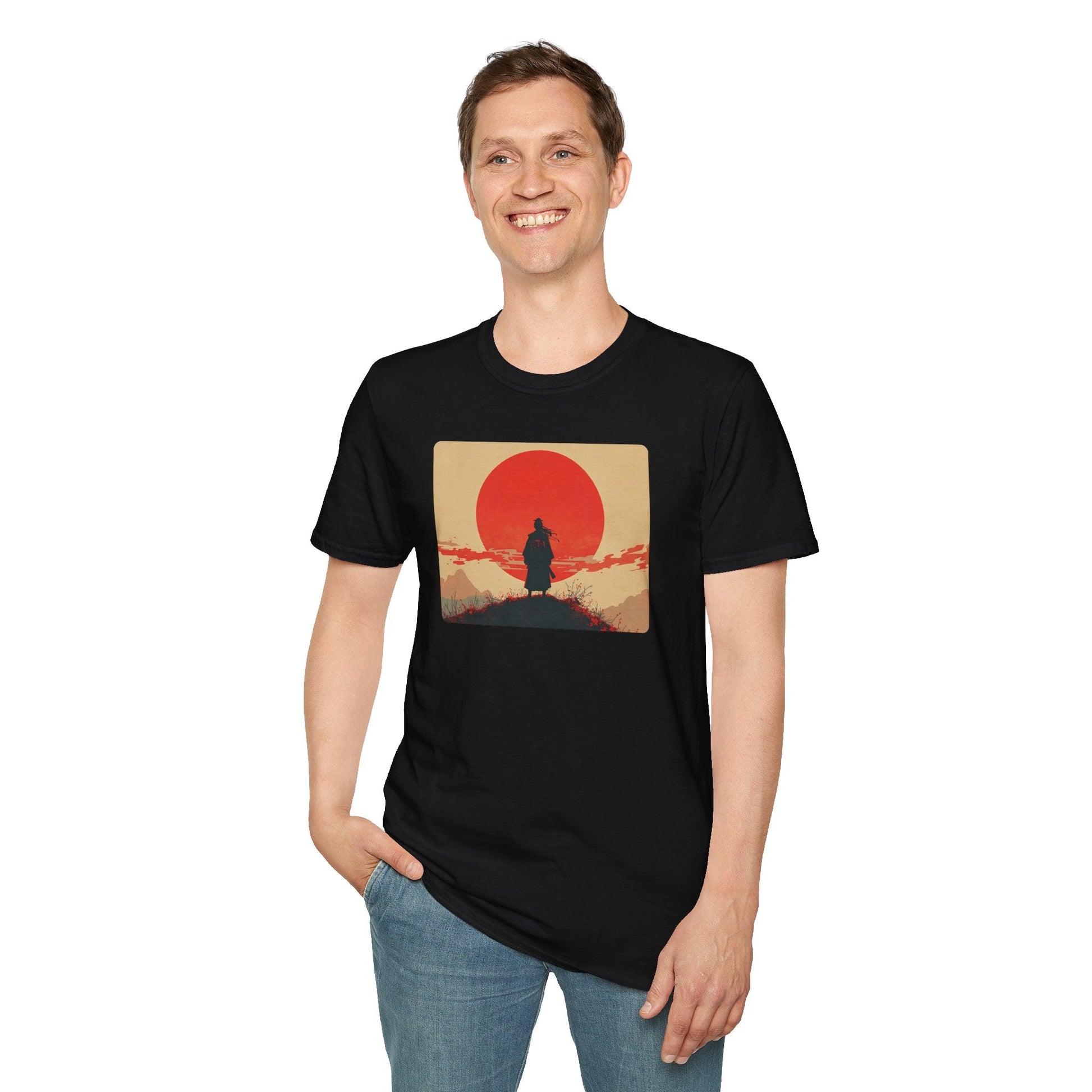 Model wearing the Longing Samurai Beneath the Crimson Sun T-Shirt in black featuring a lone samurai silhouette beneath a large crimson sun.