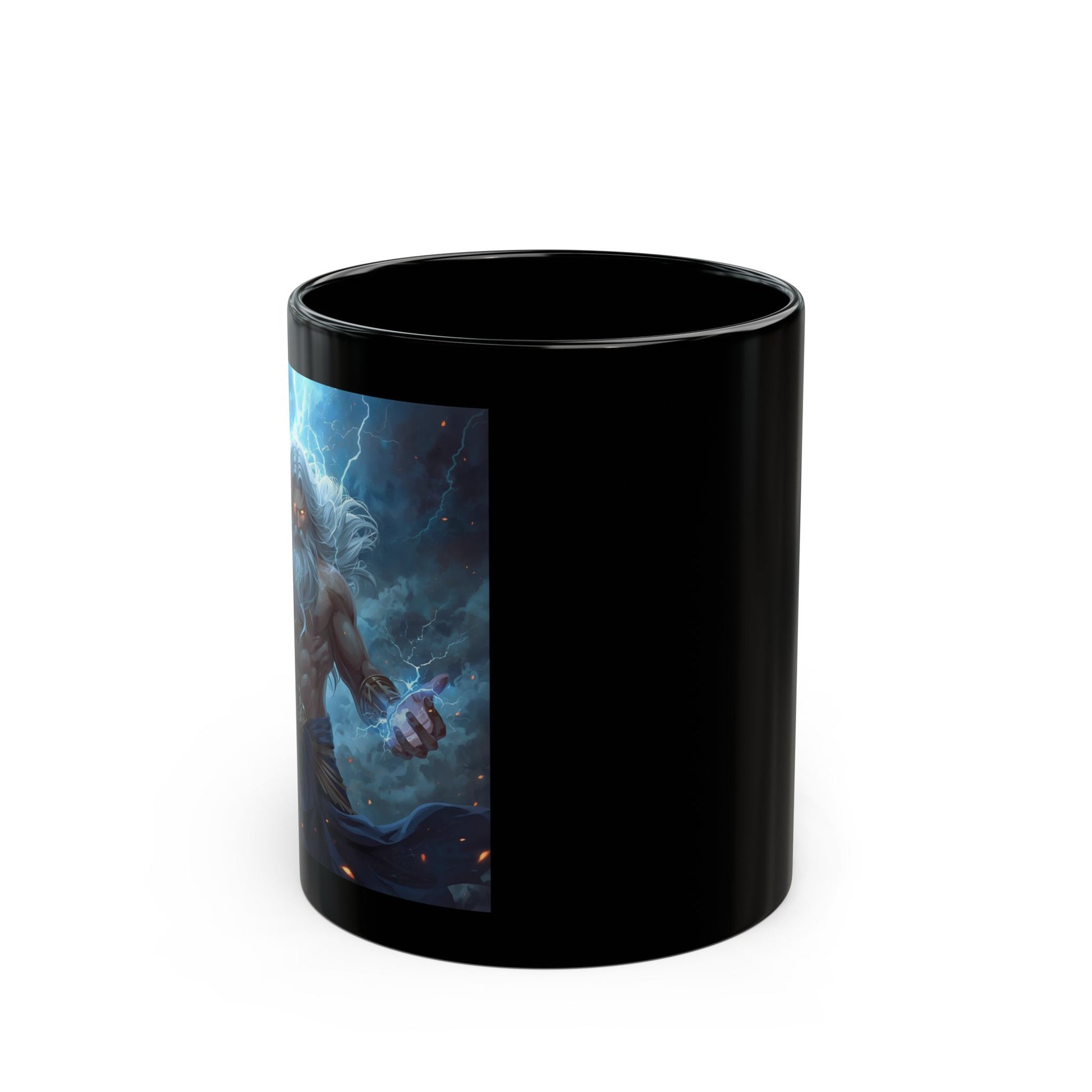 Zeus - Thunderfist - Lord of the Sky Mug -  side view - black mug with Zeus image