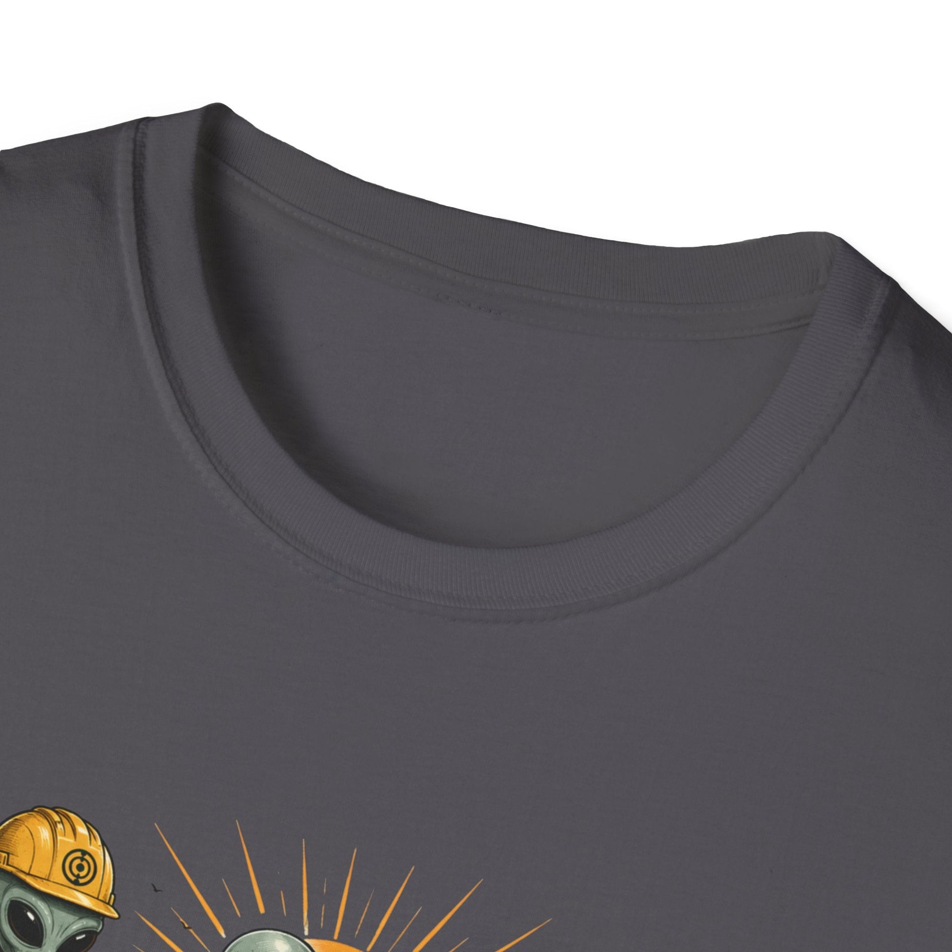 Close-up neckline view of the Crop Circle Maintenance Crew T-Shirt in charcoal with alien crop circle artwork visible on the front.