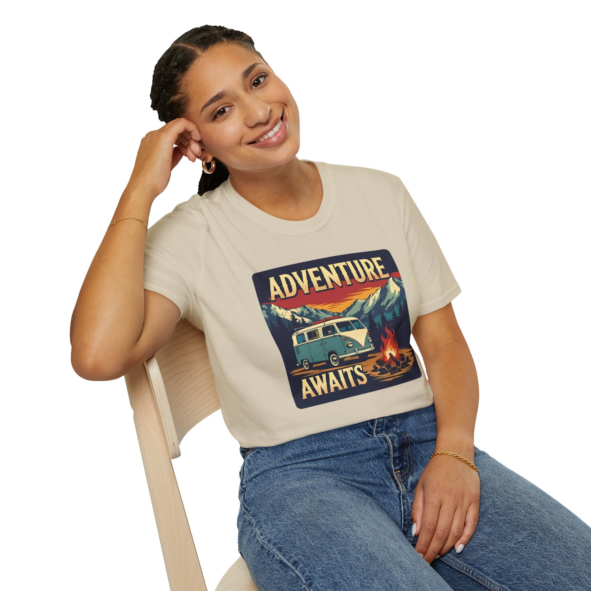 Adventure Awaits - Retro Camper Van Adventure T-Shirt in Sand