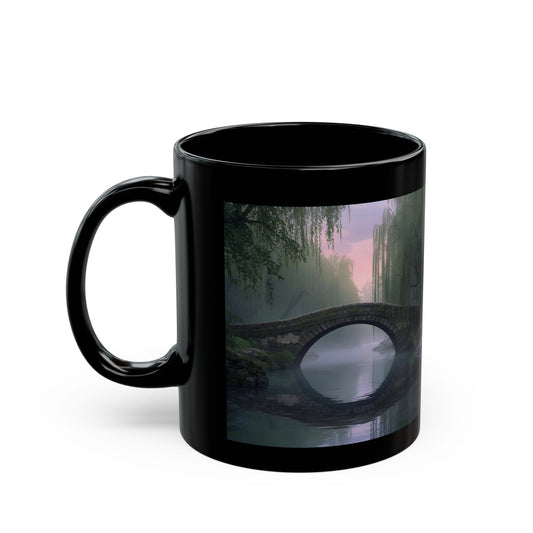 Bridge Over Morning Mist Mug - Black mug with a scenic design of a bridge over water 