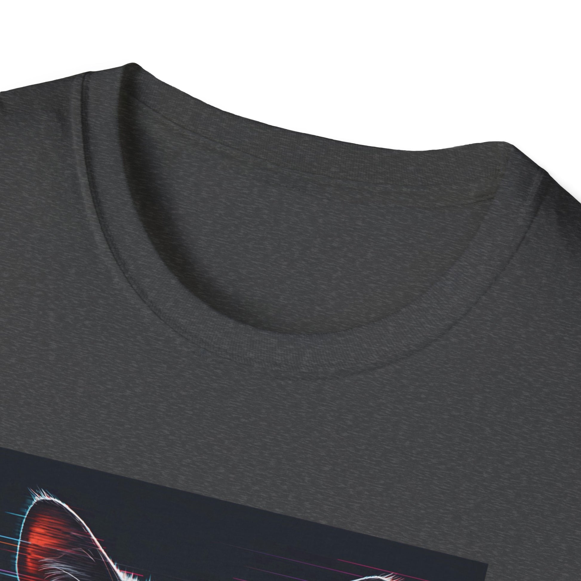 Pixellated Cat - Retro Meow Mode T-Shirt in Dark Heather - Neckline