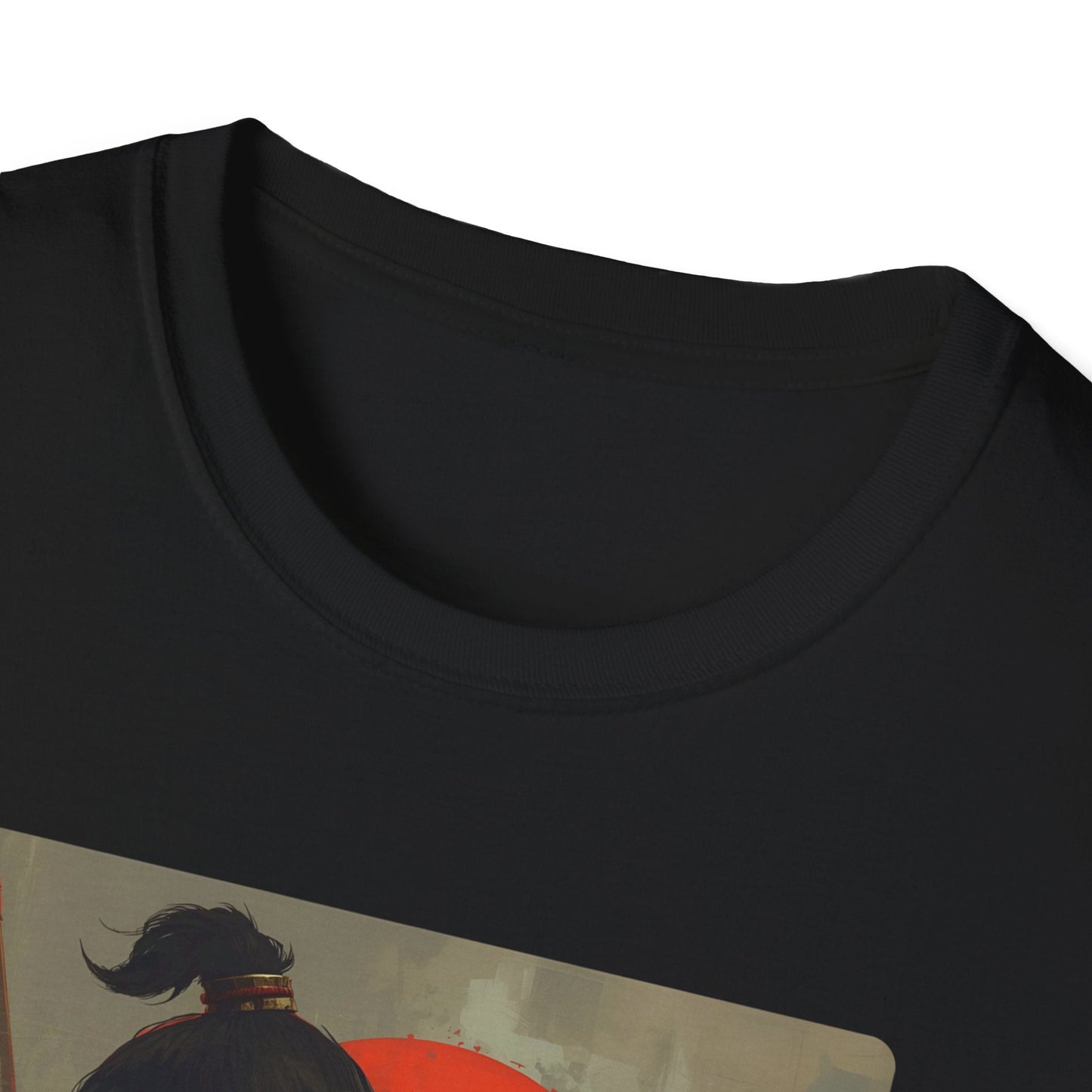 Close-up neckline view of the After the Silence Samurai Beneath the Blood Moon T-Shirt in black with moody samurai artwork visible on the front.