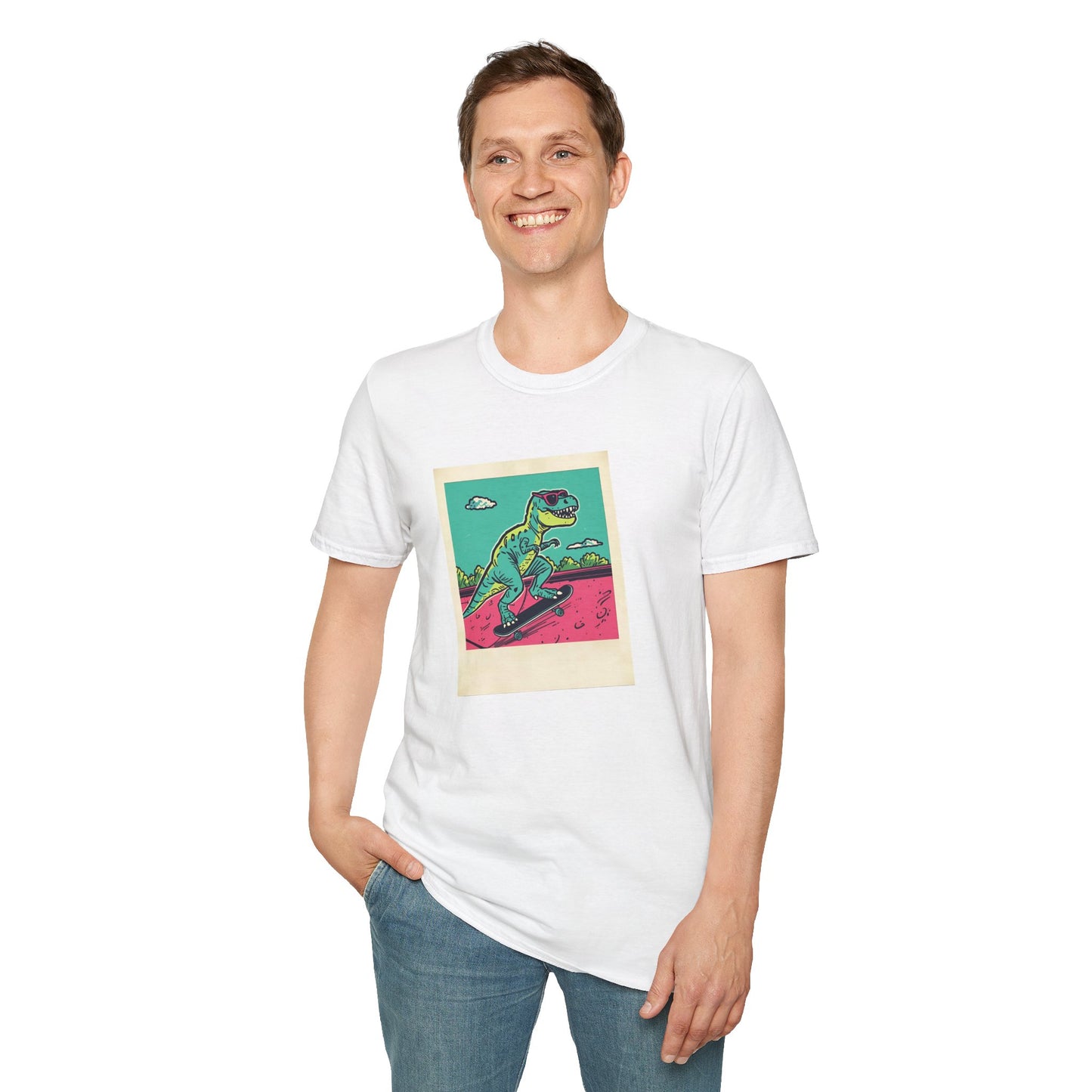 Retro Skater T-Rex T-Shirt – 90s Polaroid Dinosaur in Sunglasses