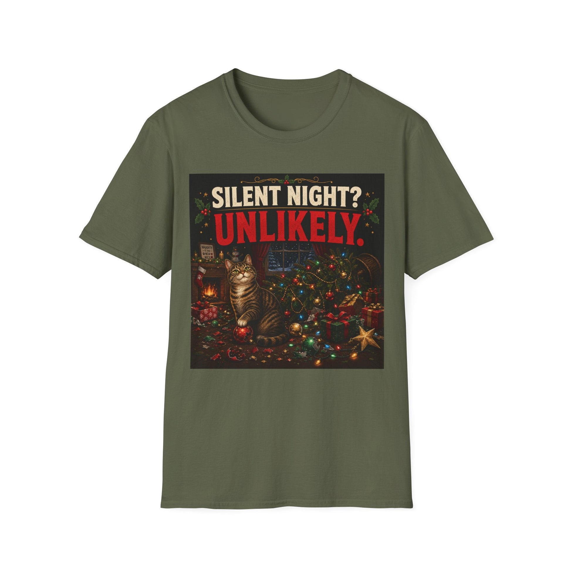 Silent Night? Unlikely. Cat Christmas T-Shirt in military green, design featuring a guilty cat beside a destroyed Christmas tree and festive chaos.