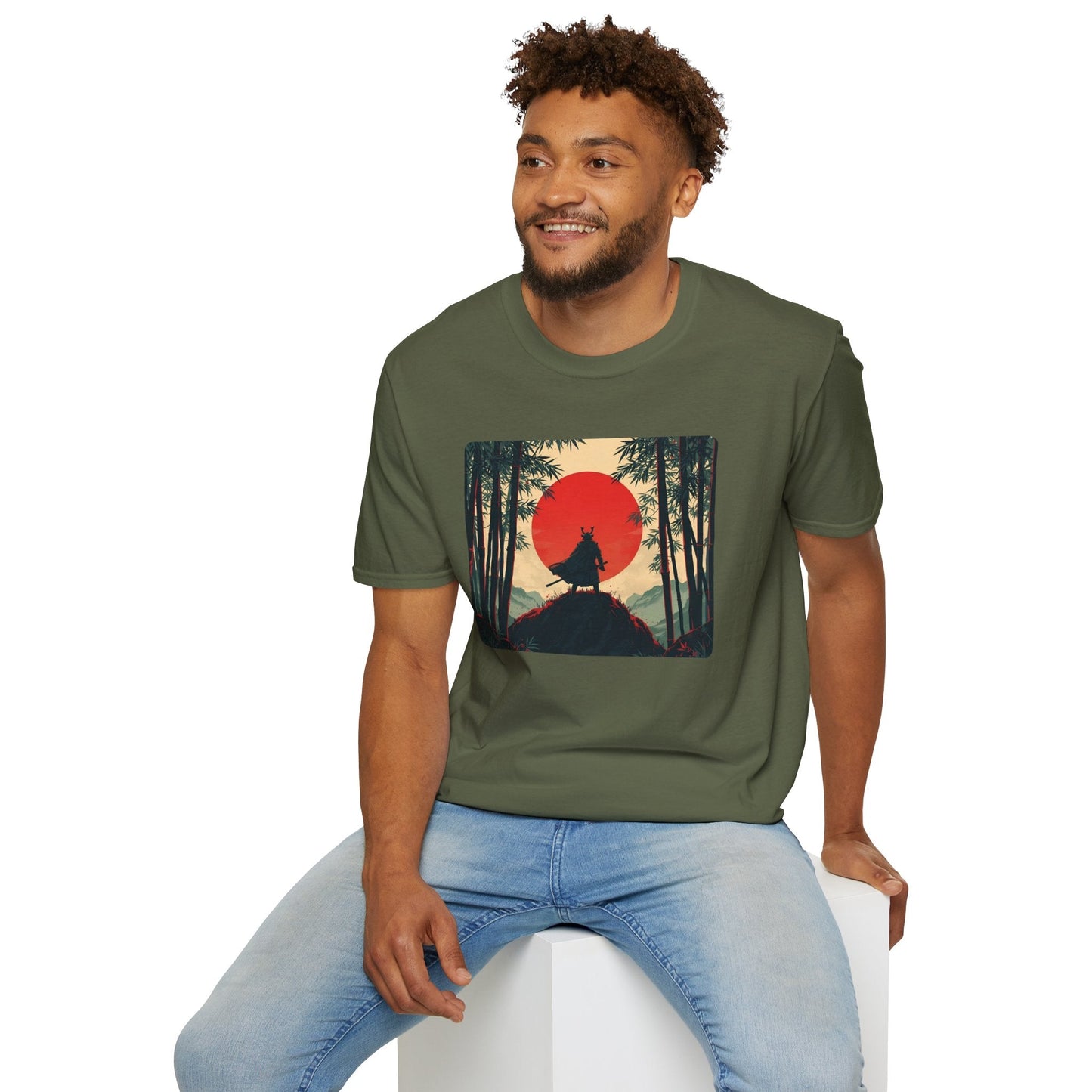 Model wearing a Solitude Lone Samurai Under the Crimson Moon T-Shirt in military green featuring a lone samurai silhouette standing in a bamboo forest beneath a large crimson moon.
