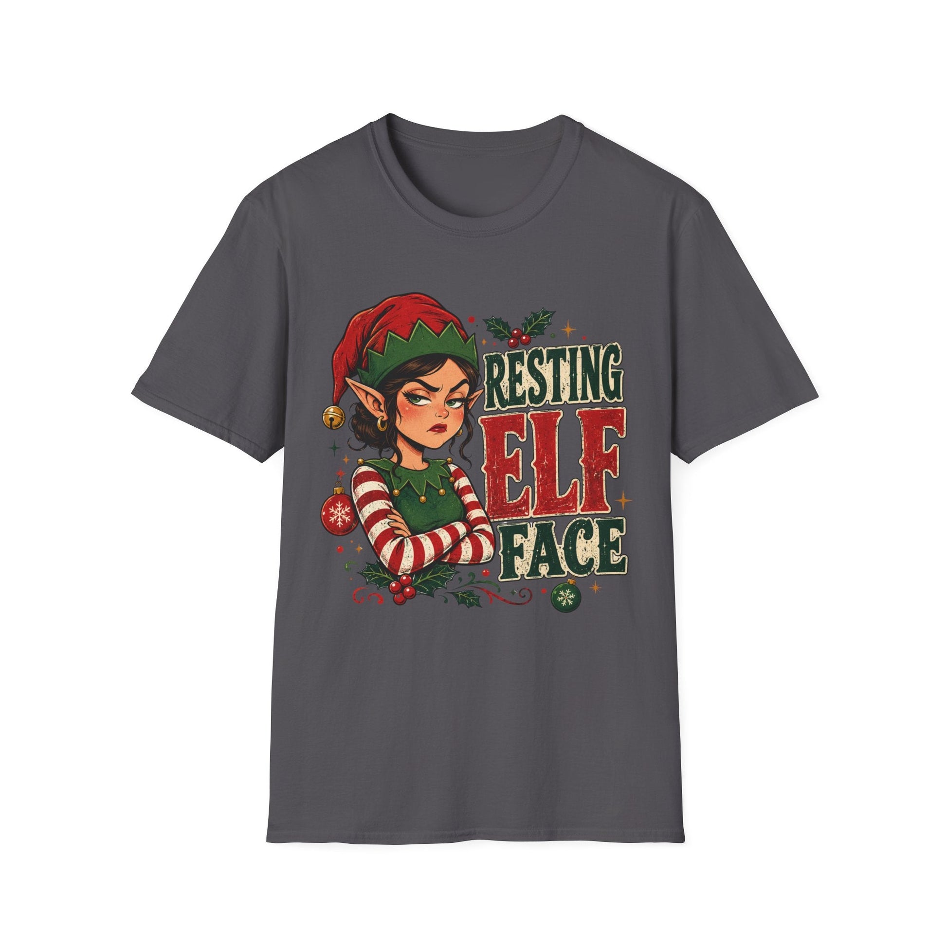 Resting Elf Face Sassy Elf Christmas T-Shirt in charcoal, design featuring an unimpressed female elf with festive attitude.