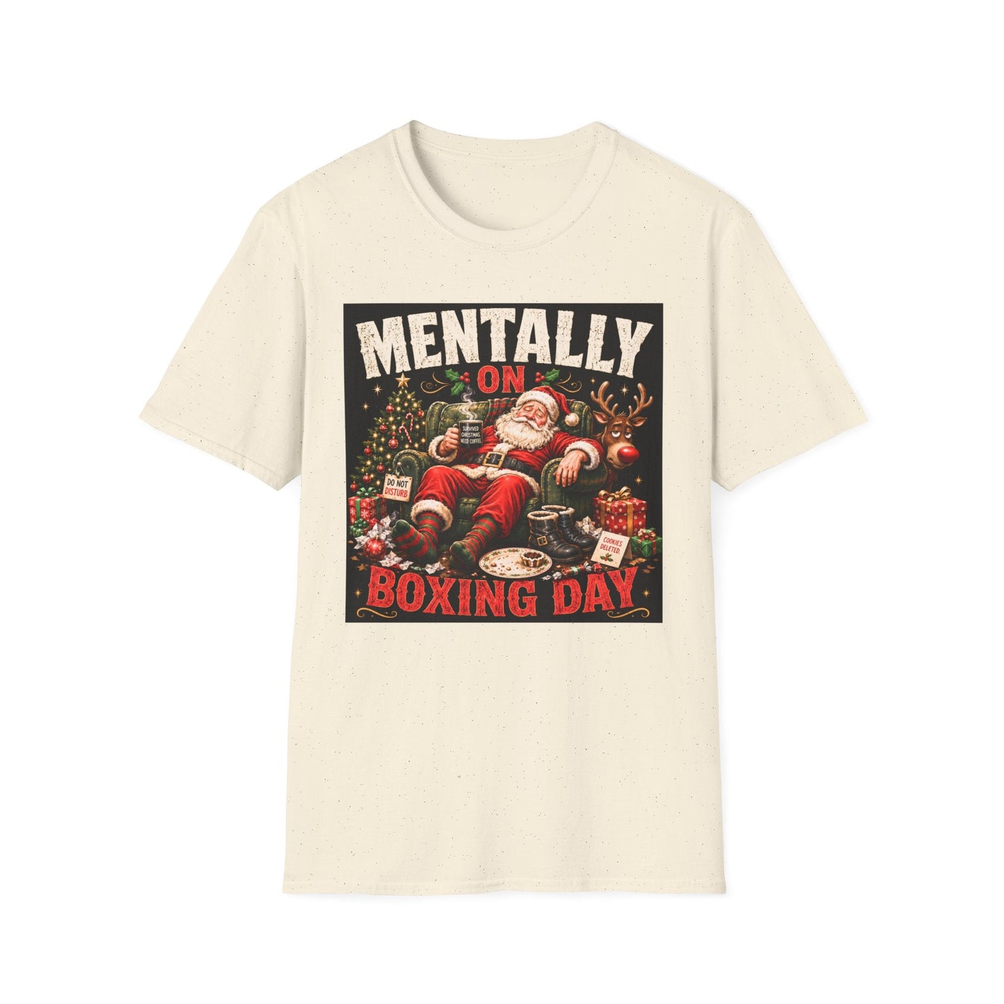 Mentally on Boxing Day Santa Christmas T-Shirt in natural, design featuring exhausted Santa, tired reindeer and festive Christmas chaos.