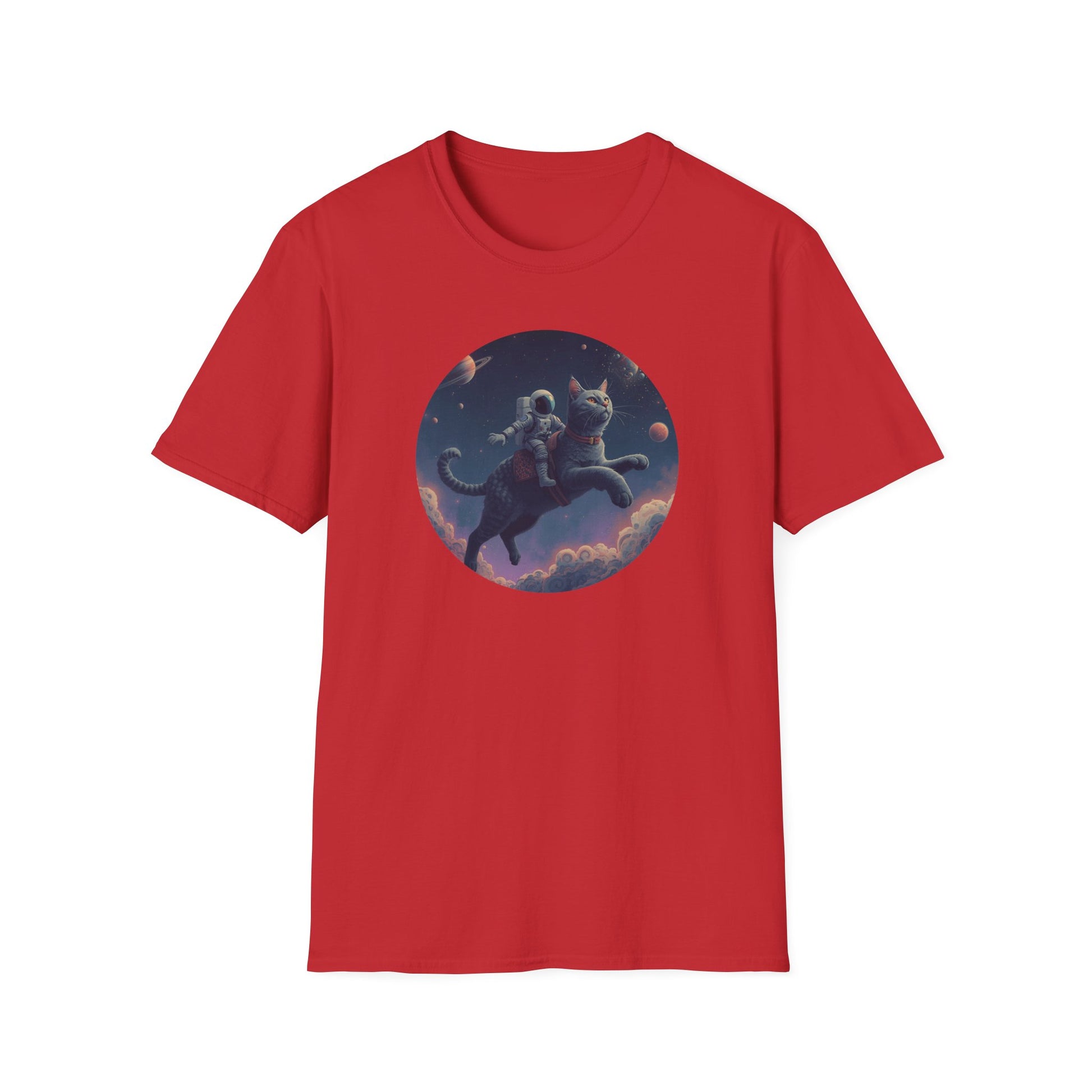 Cosmic Cat Adventure T-Shirt with cosmic cat artwork in Red