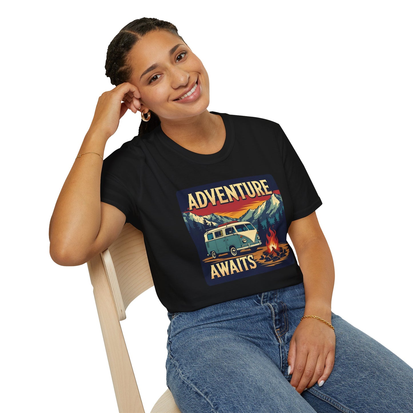 Adventure Awaits - Retro Camper Van Adventure T-Shirt in Black