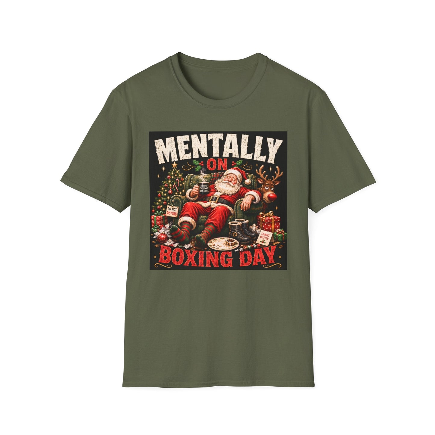 Mentally on Boxing Day Santa Christmas T-Shirt in military green, design featuring exhausted Santa, tired reindeer and festive Christmas chaos.