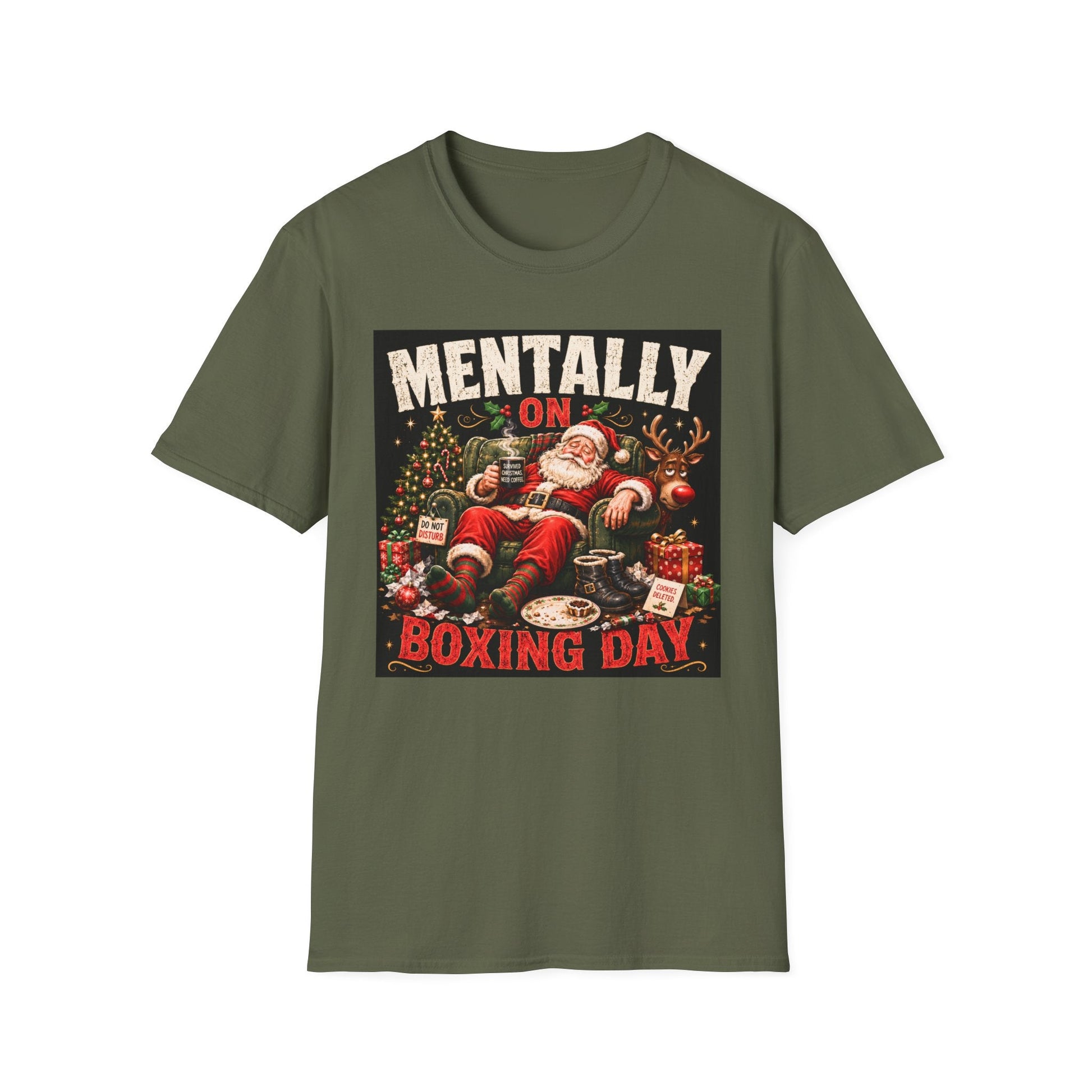Mentally on Boxing Day Santa Christmas T-Shirt in military green, design featuring exhausted Santa, tired reindeer and festive Christmas chaos.