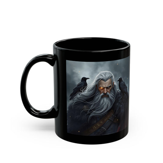 Odin - The Allfather Mug - black mug with Odin image and two crows