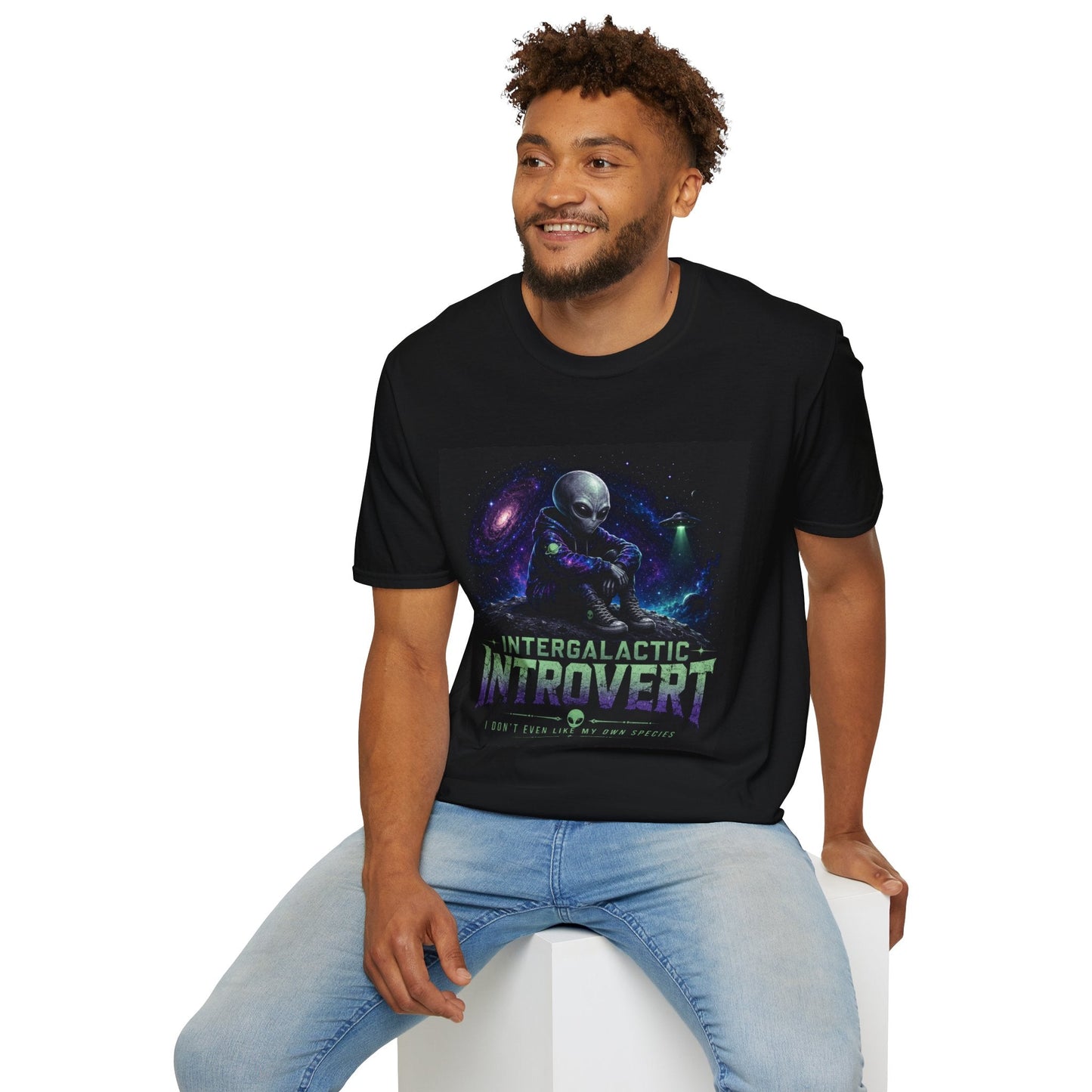 Intergalactic Introvert T-Shirt in black shown on model with funny alien graphic design