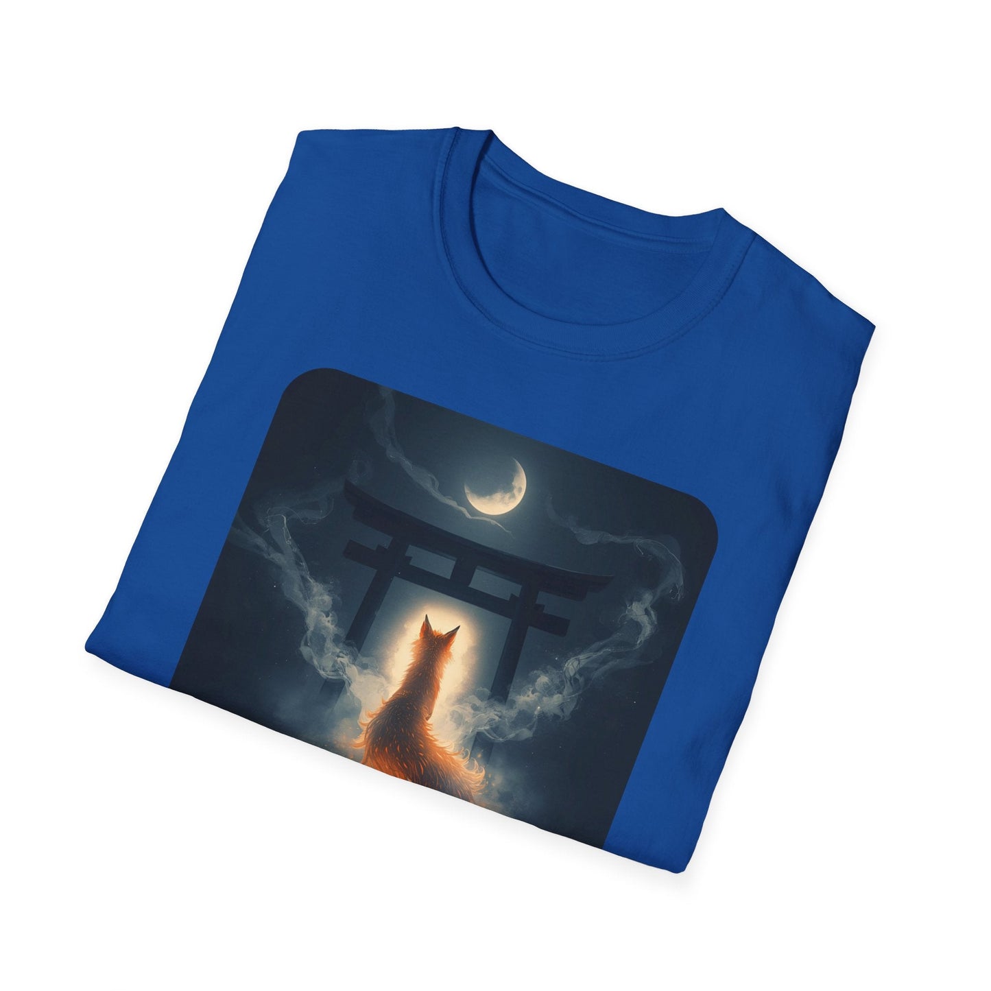 Folded Into the Night Mystic Fox at the Torii T-Shirt in royal showing mystical fox artwork with a torii gate, moonlit sky, smoke and glowing spirit fox.