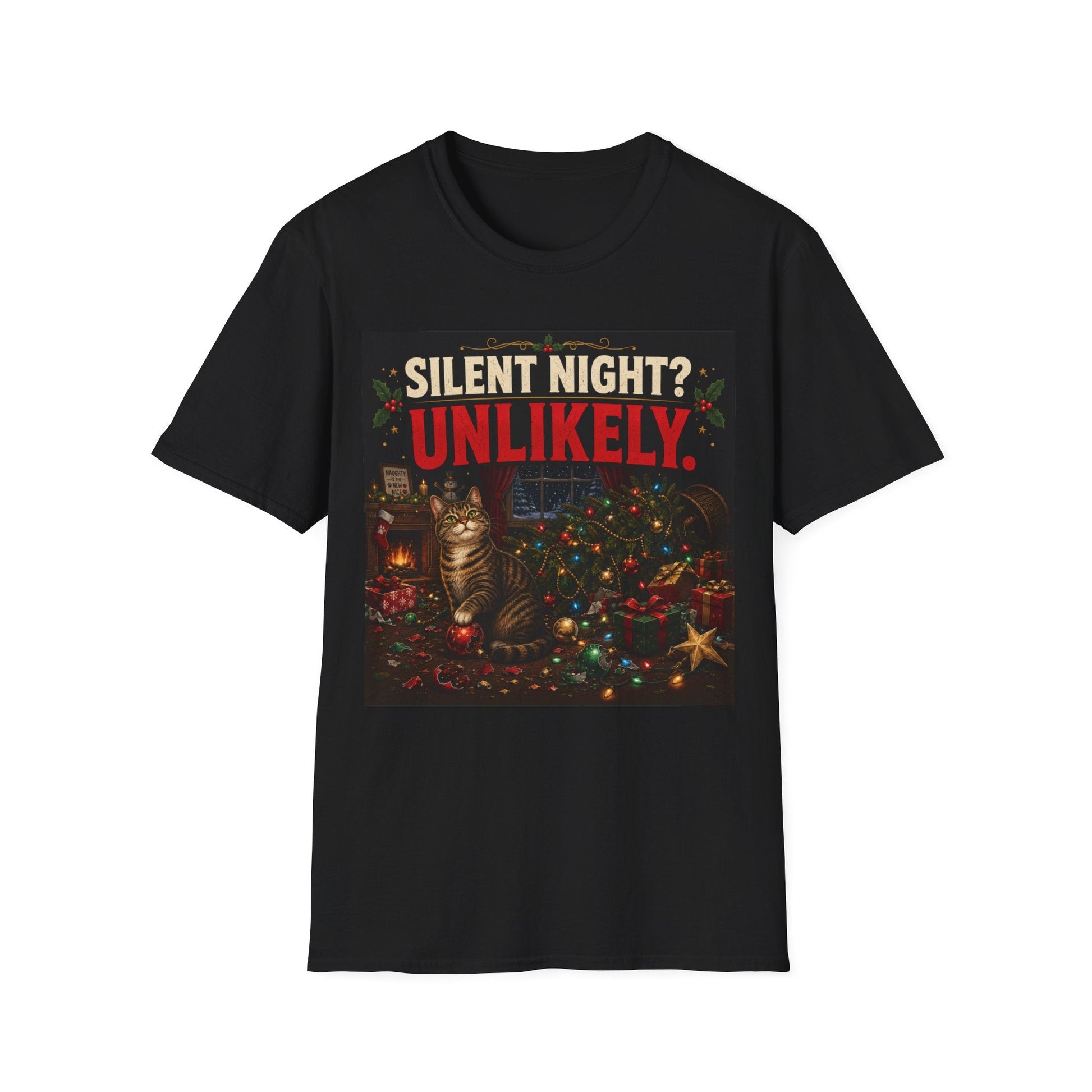 Silent Night? Unlikely. Cat Christmas T-Shirt in black, design featuring a guilty cat beside a destroyed Christmas tree and festive chaos.