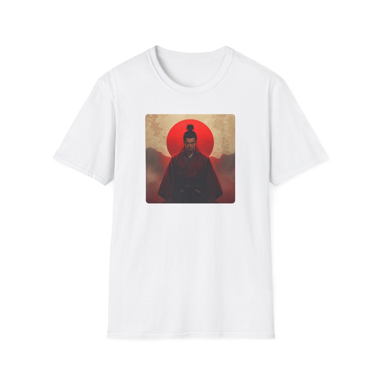 Samurai Sunset Warrior at the Edge of Day T-Shirt in white artwork featuring a stern samurai warrior in dark red robes beneath a dramatic red sun.