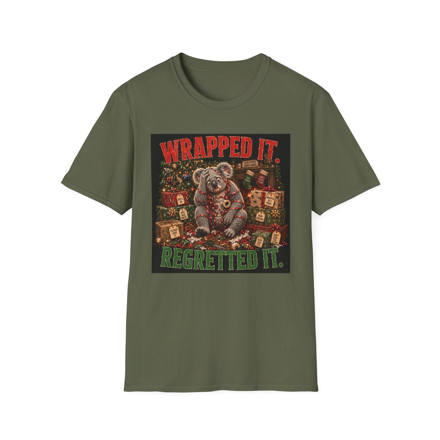 Wrapped It. Regretted It. Koala Christmas T-Shirt in military green, design with a funny Australian koala tangled in ribbon.