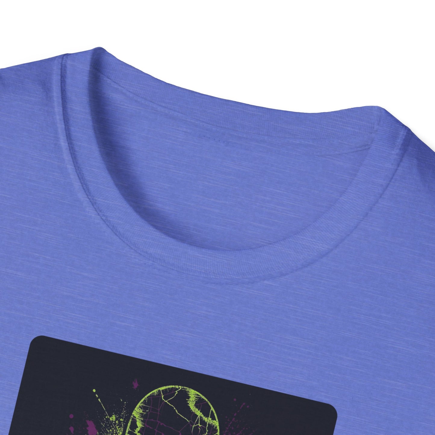 Neon Skull Skateboard – Electric Street Rebel T-Shirt in Heather Royal - Neckline