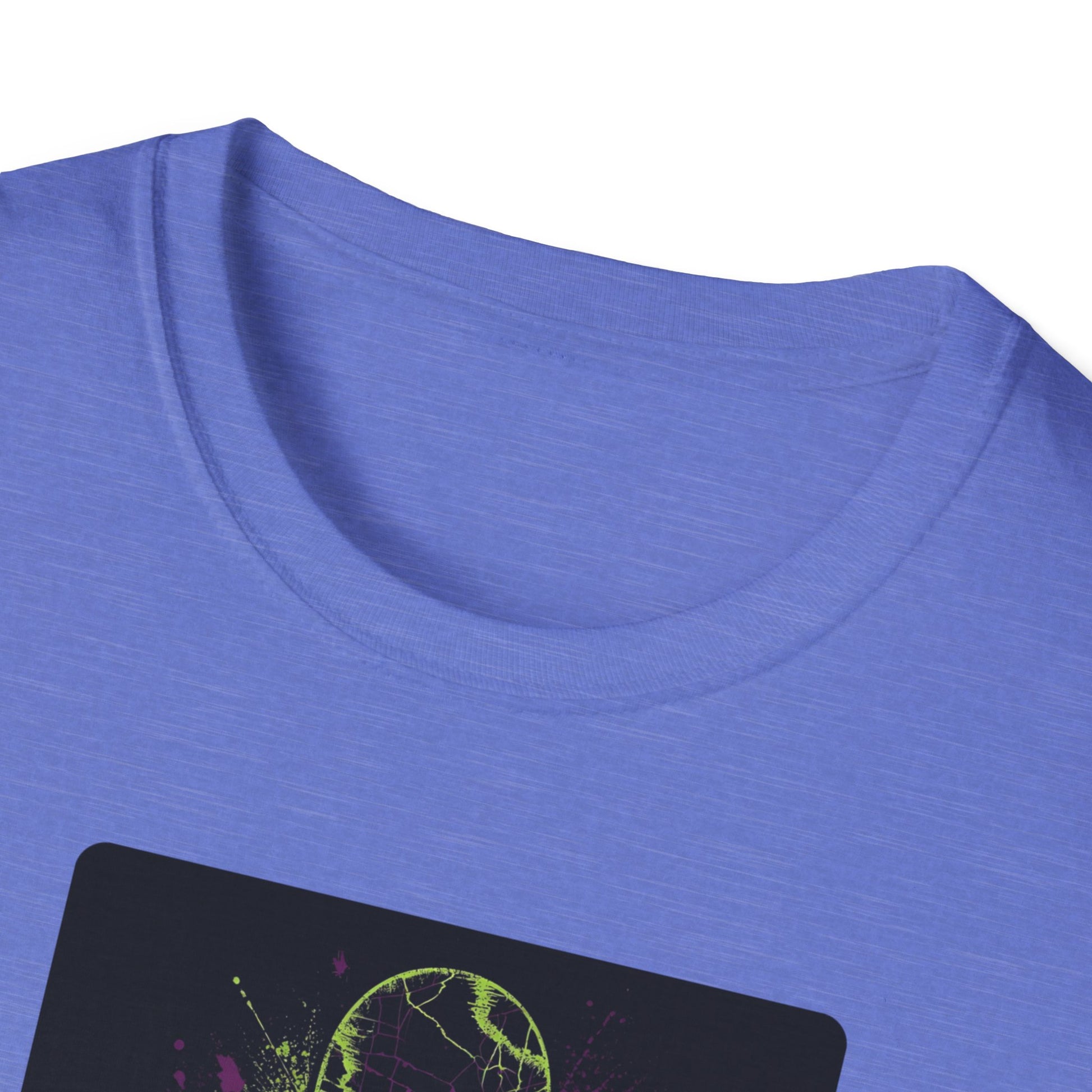 Neon Skull Skateboard – Electric Street Rebel T-Shirt in Heather Royal - Neckline
