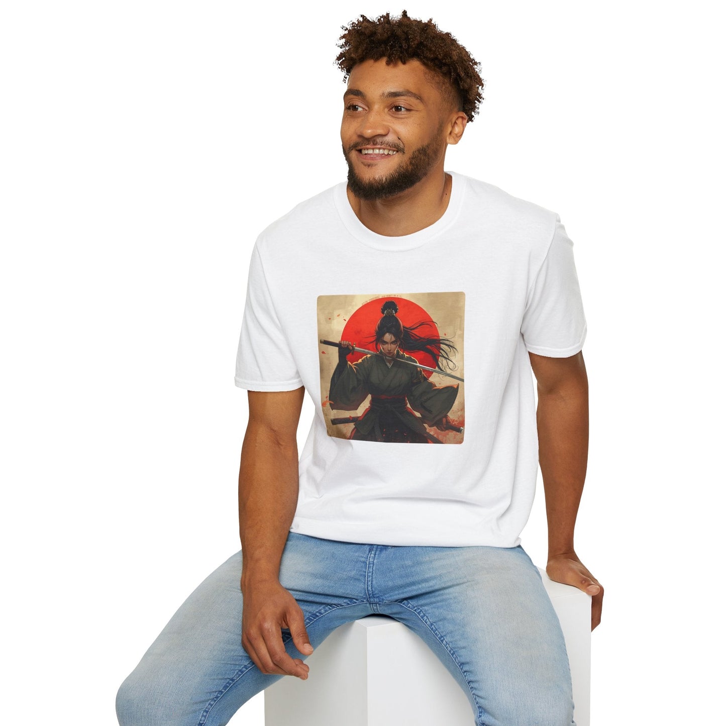 Model wearing the Red Sun Resolve Samurai Warrior T-Shirt in white featuring a Japanese-inspired warrior holding a katana beneath a bold red sun.