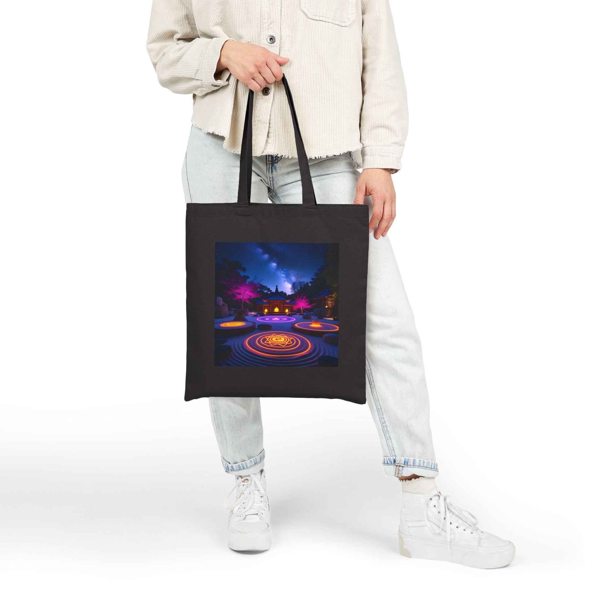 Zen Garden with Neon Chakras Spiritual Canvas Tote Bag in Black