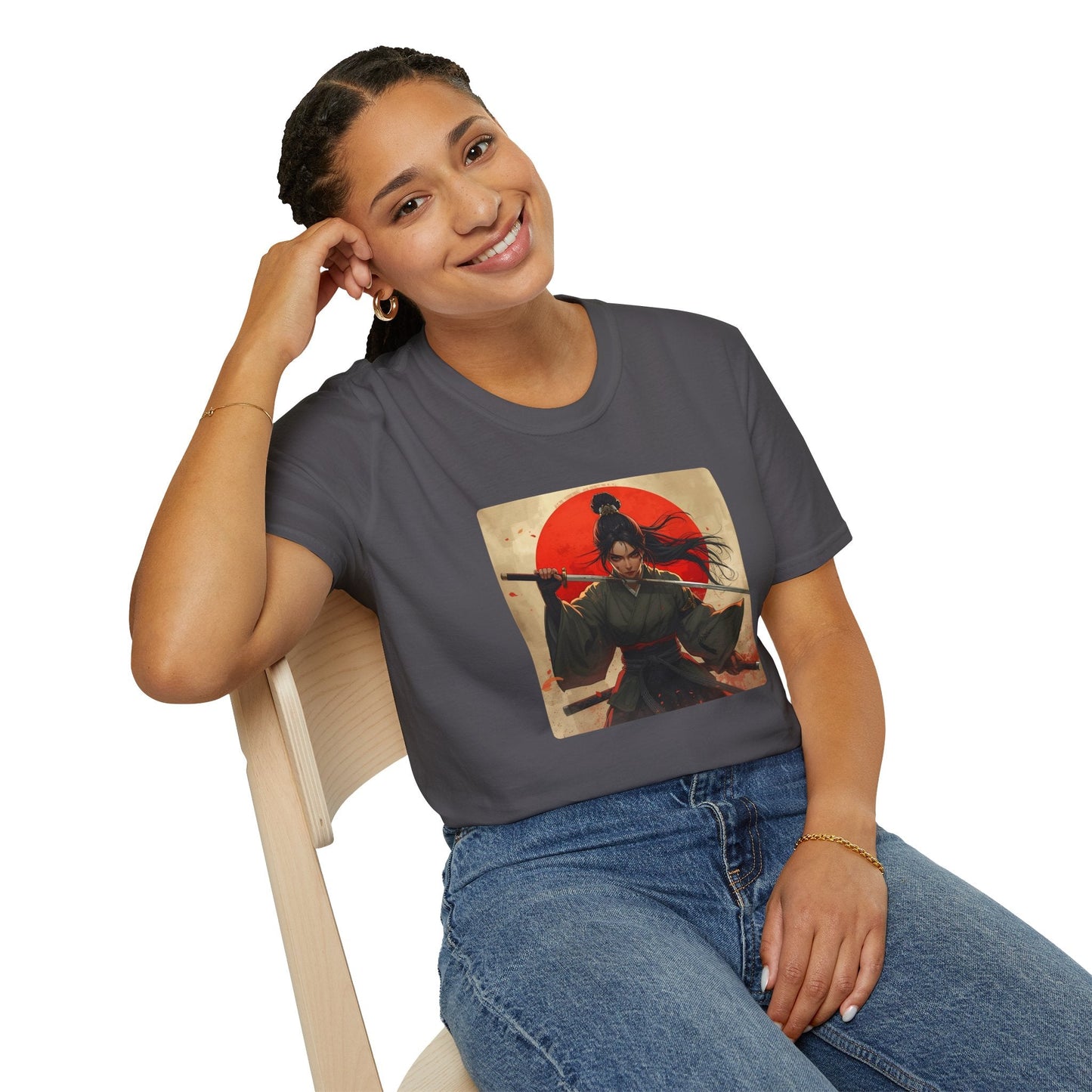 Model wearing the Red Sun Resolve Samurai Warrior T-Shirt in charcoal featuring a Japanese-inspired warrior holding a katana beneath a bold red sun.