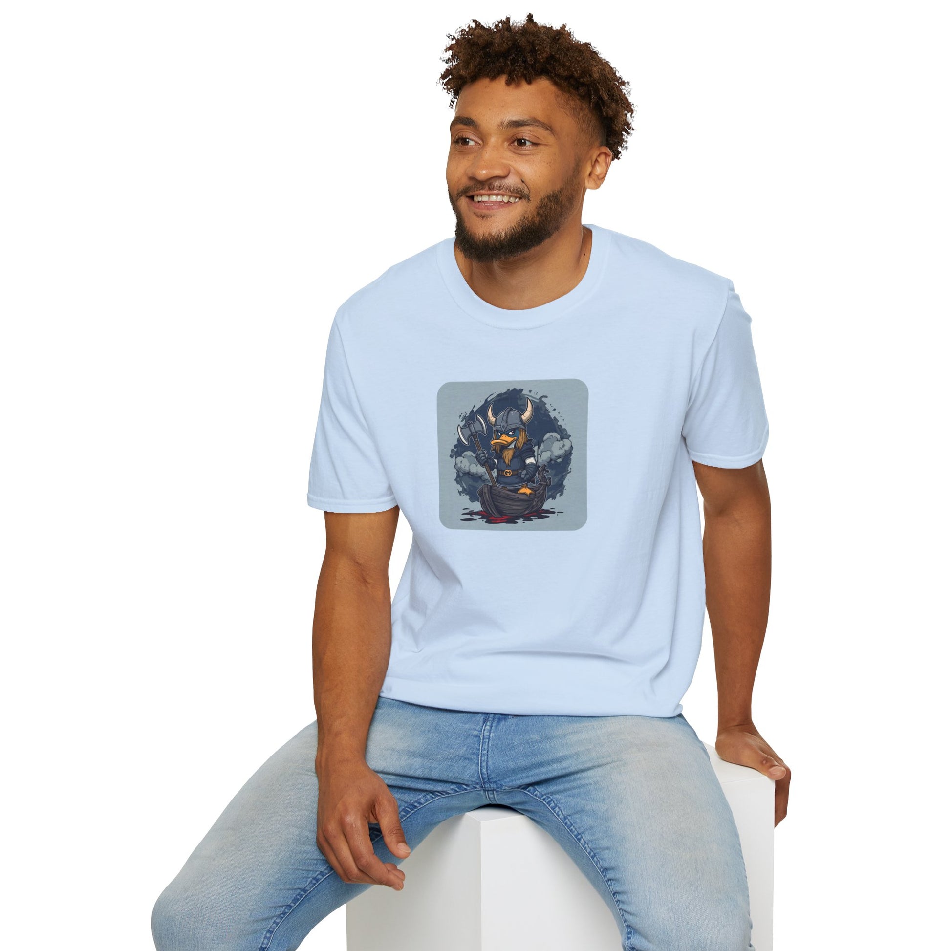 Goth Viking Duck T-Shirt with dark cartoon chaos artwork in Light Blue