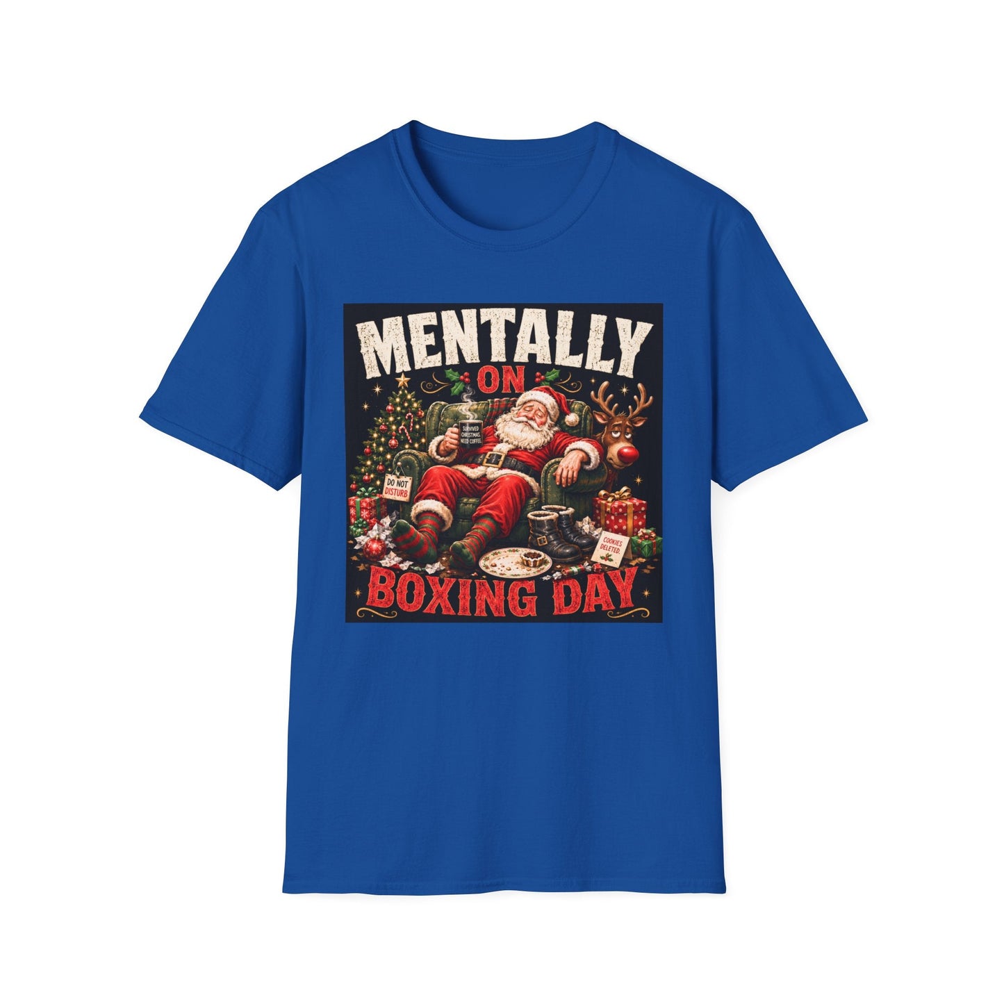 Mentally on Boxing Day Santa Christmas T-Shirt in royal, design featuring exhausted Santa, tired reindeer and festive Christmas chaos.