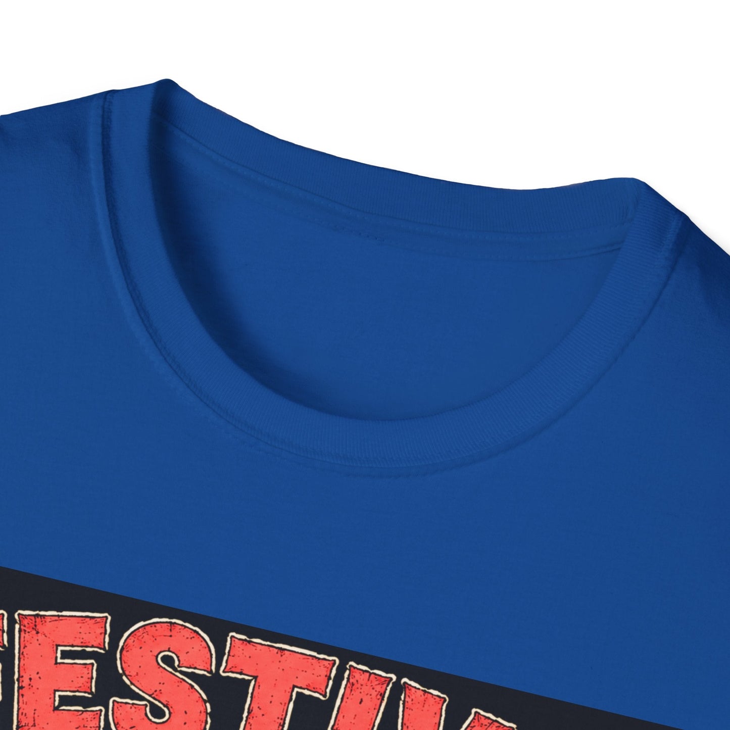 Close-up neckline image of the Festive But Tired Reindeer Christmas T-Shirt in royal