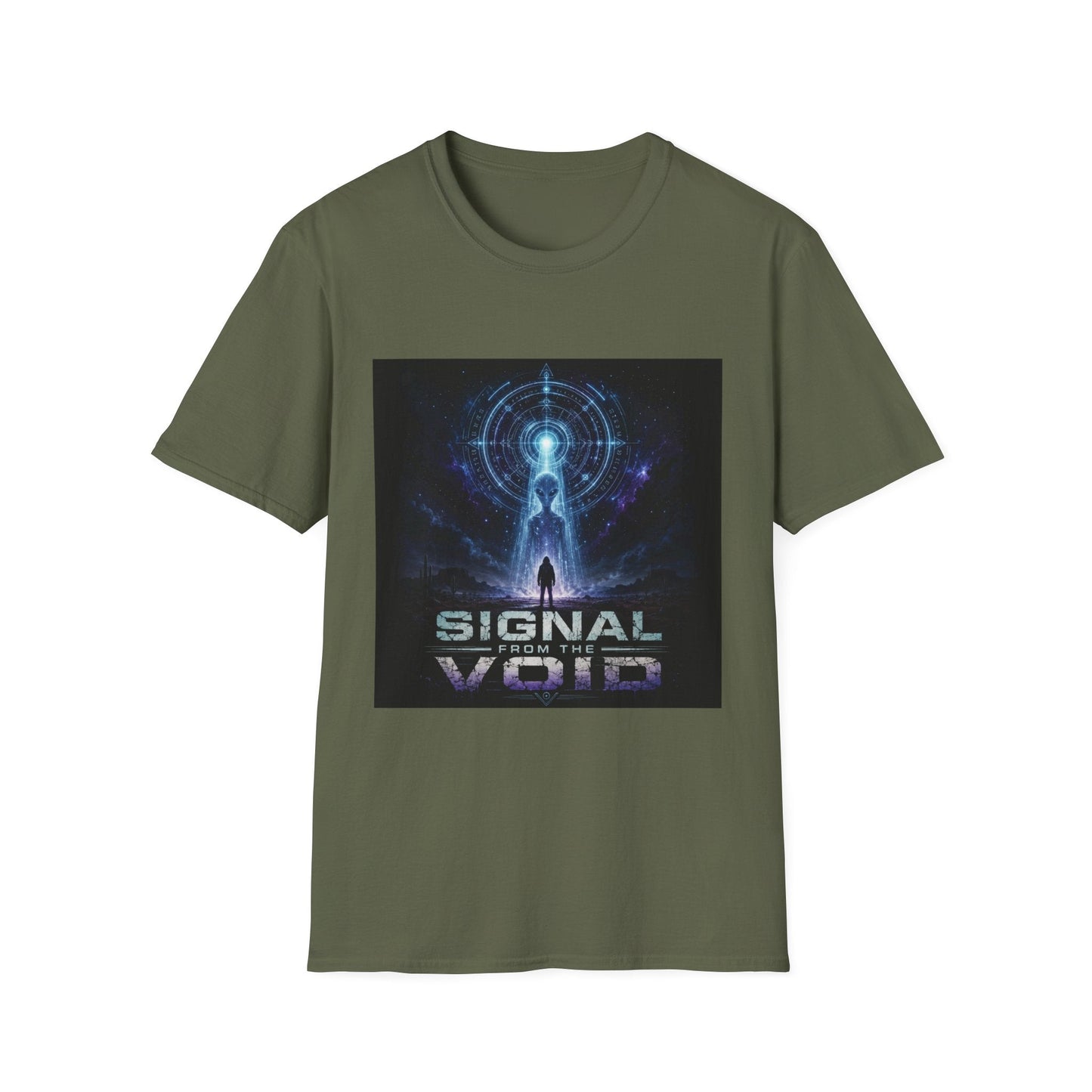 Signal from the Void T-Shirt in military green featuring mysterious alien-inspired sci-fi artwork