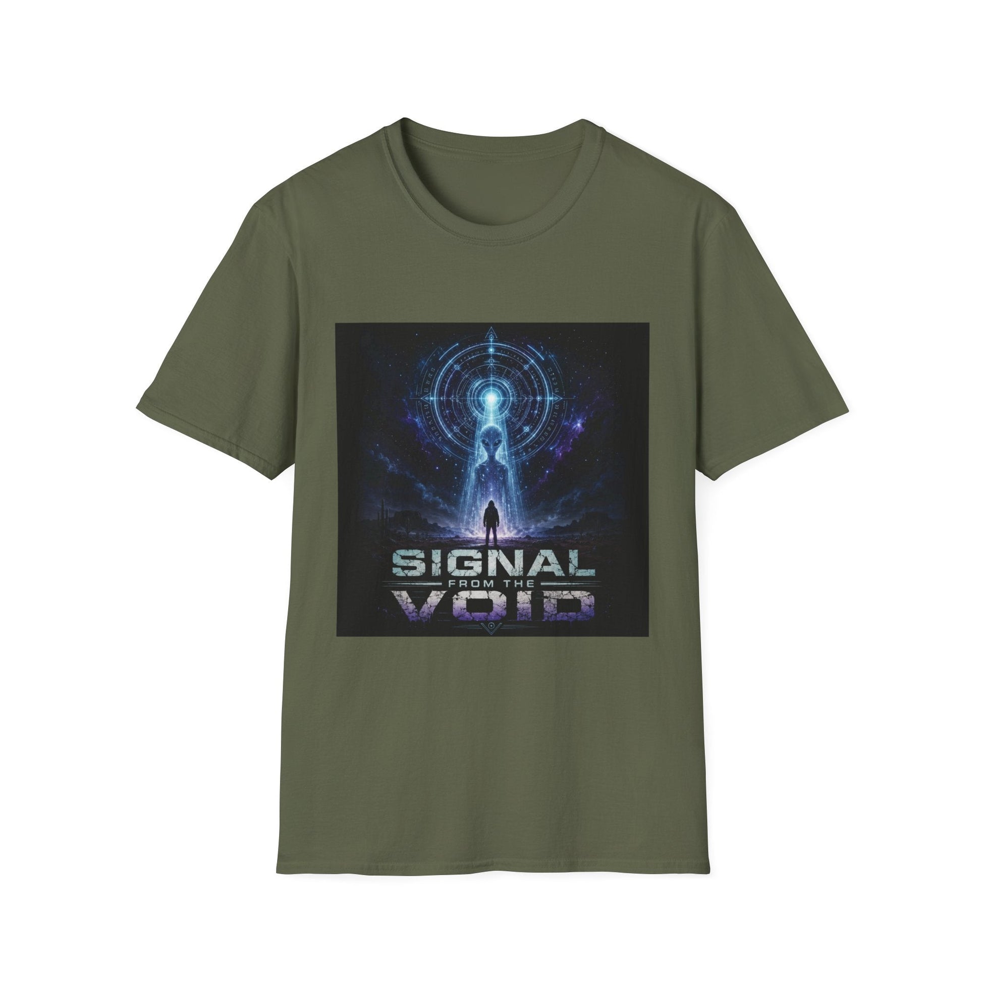 Signal from the Void T-Shirt in military green featuring mysterious alien-inspired sci-fi artwork
