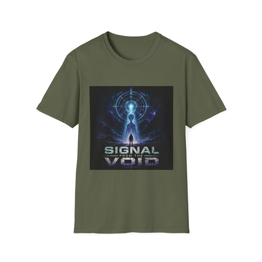 Signal from the Void T-Shirt in military green featuring mysterious alien-inspired sci-fi artwork