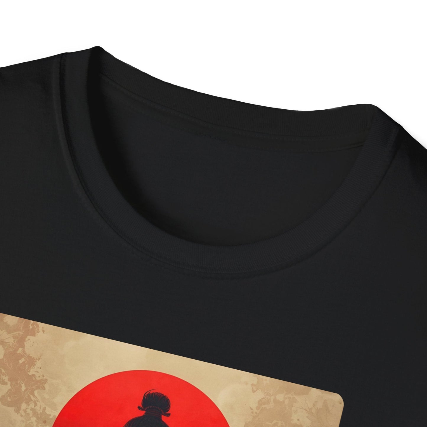 Close-up neckline view of the Samurai Sunset Warrior at the Edge of Day T-Shirt in black with Japanese-inspired warrior artwork visible on the front.