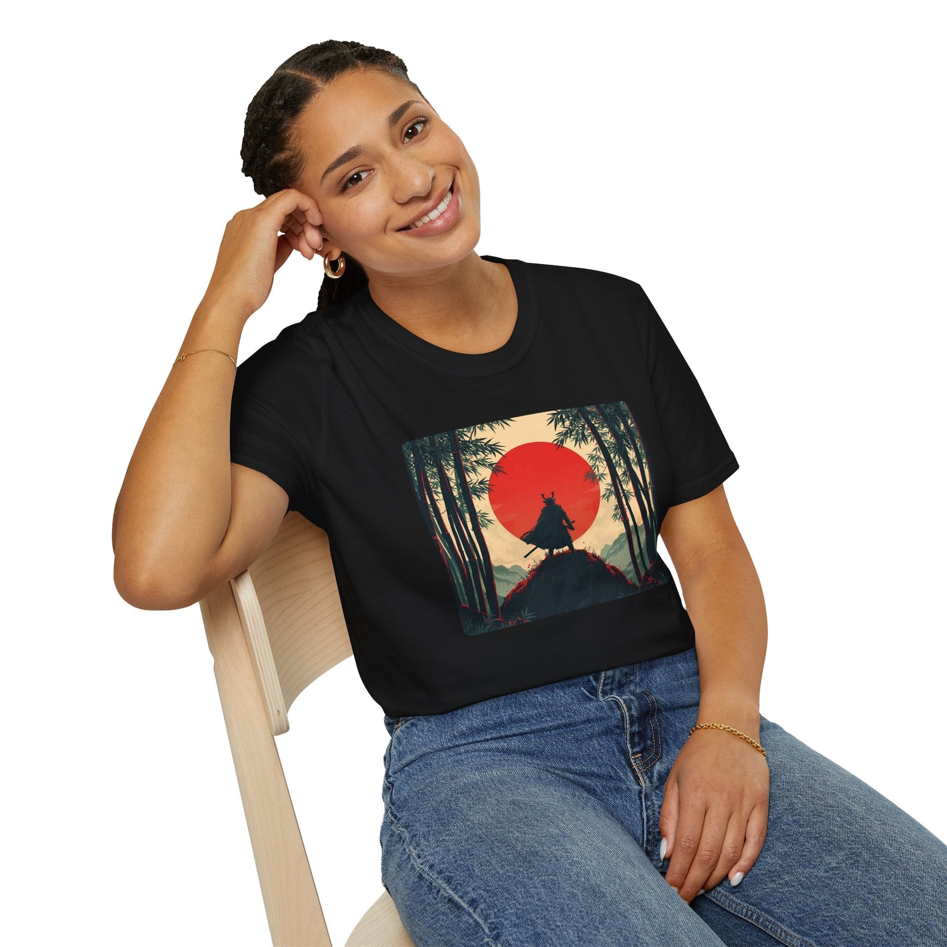 Model wearing a Solitude Lone Samurai Under the Crimson Moon T-Shirt in black featuring a lone samurai silhouette standing in a bamboo forest beneath a large crimson moon.
