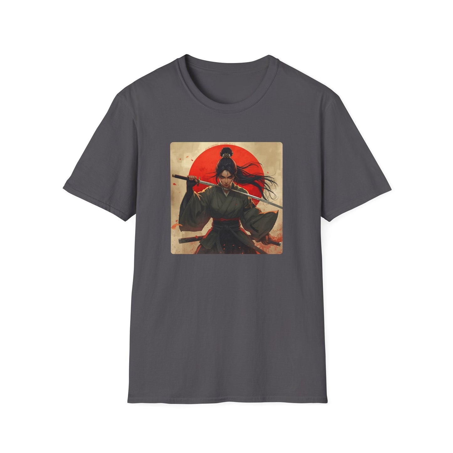 Red Sun Resolve Samurai Warrior T-Shirt in charcoal artwork featuring a fierce Japanese-inspired warrior holding a katana in front of a dramatic red sun.